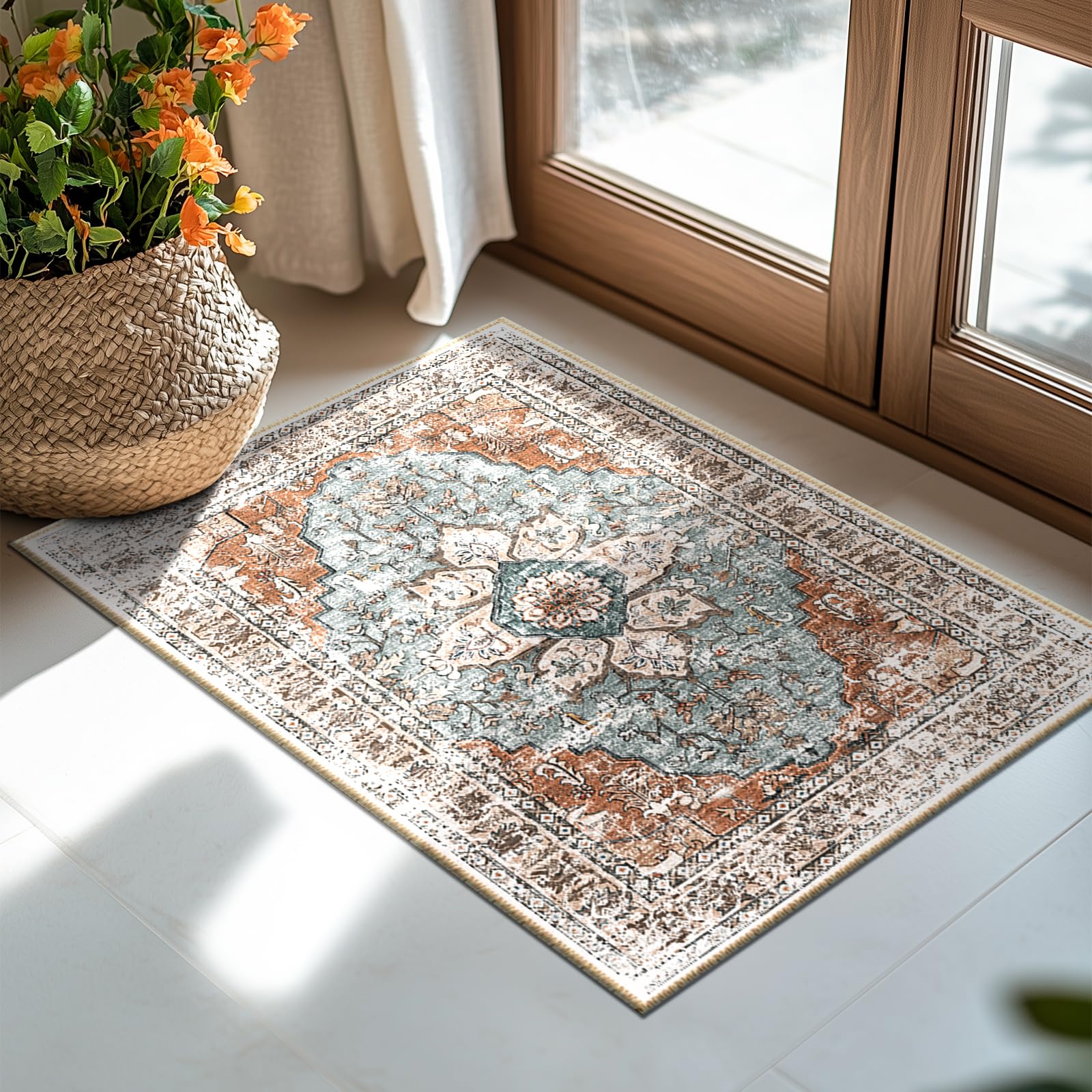 BESTSWEETIE 2x10 Runner Rugs 2 x 10 Washable Rug Runner No Pile Non-Slip Vintage Kitchen Rug Hallway Indoor Throw Carpet for Ent