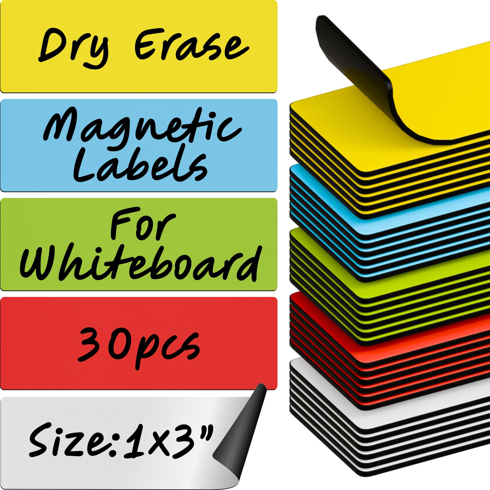 Dry Erase Magnetic Labels 30Pcs, 1'  3'  0.7Mm (Multicolor: White, Red, Blue, Yellow, Green)