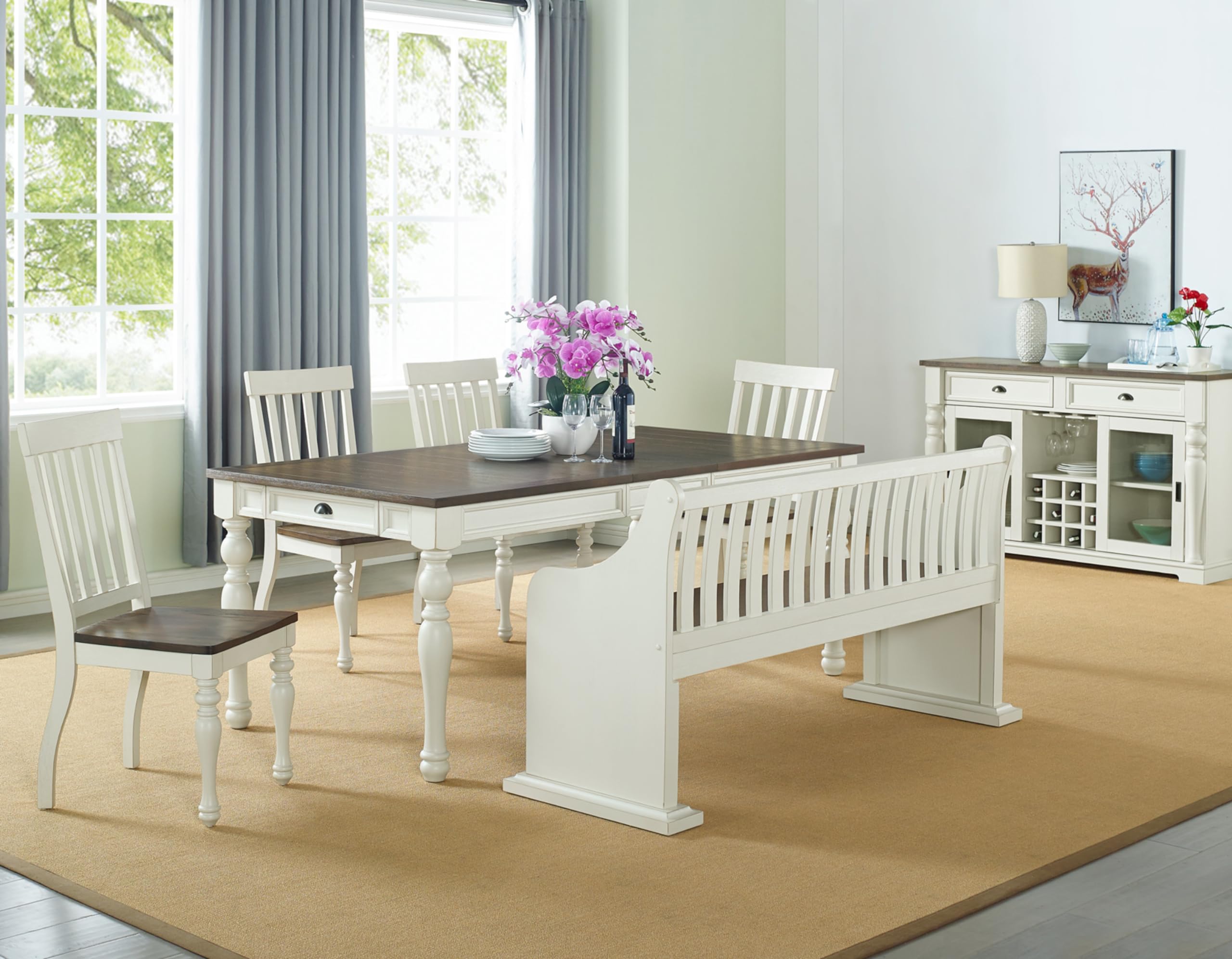 Steve Silver Co Classic Farmhouse Extendable Dining Plank Effect Top, Turned Legs, White Table, 80" L x 40" W x 30" H, Two-tone Ivory and Charcoal