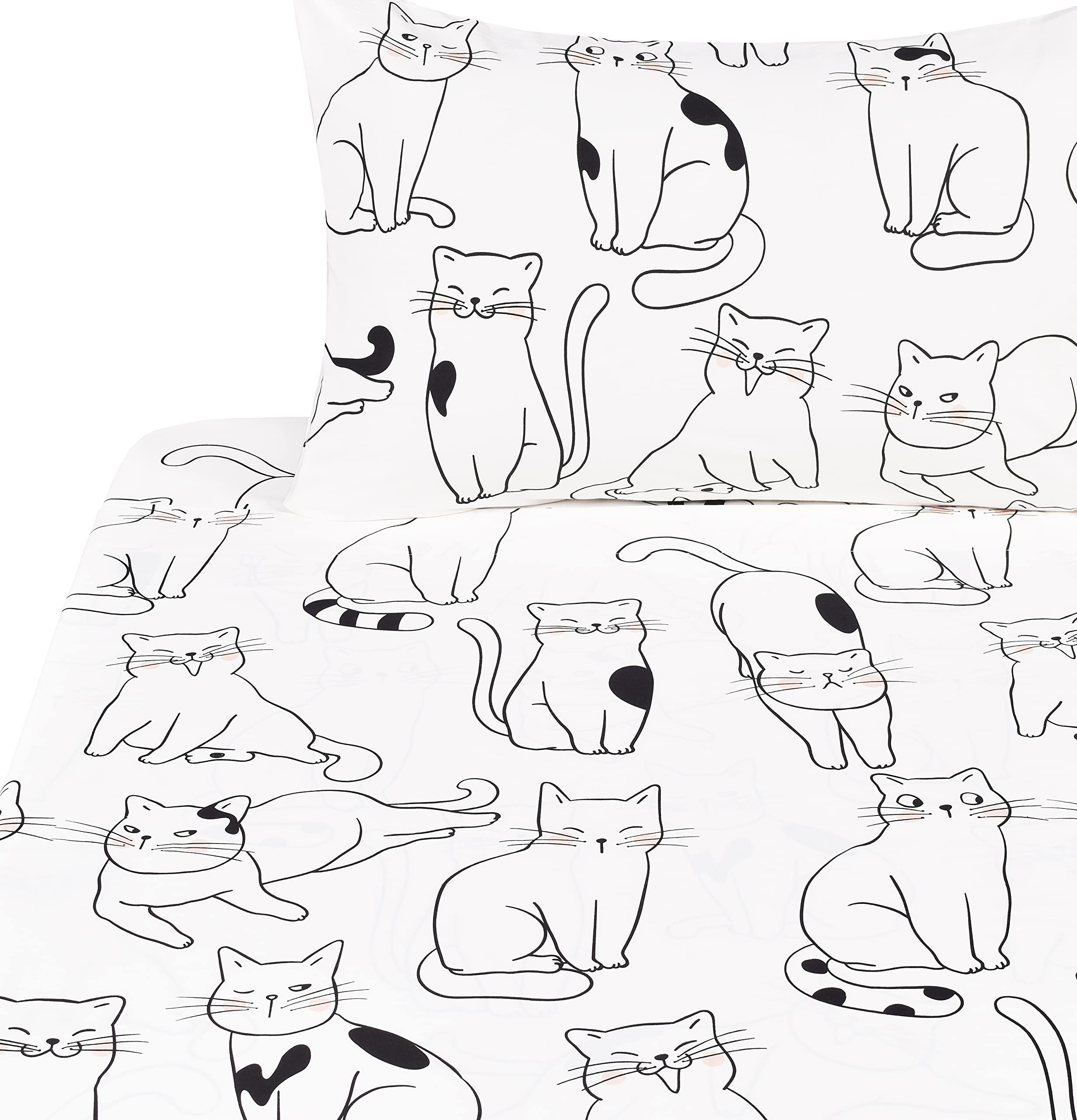 J Pinno Cat Kitty Cute Cozy Fun Full 4 Pcs Sheet Set For Kids Boys Girls Children 100% Cotton Flat Sheet + Fitted Sheet + Pillow