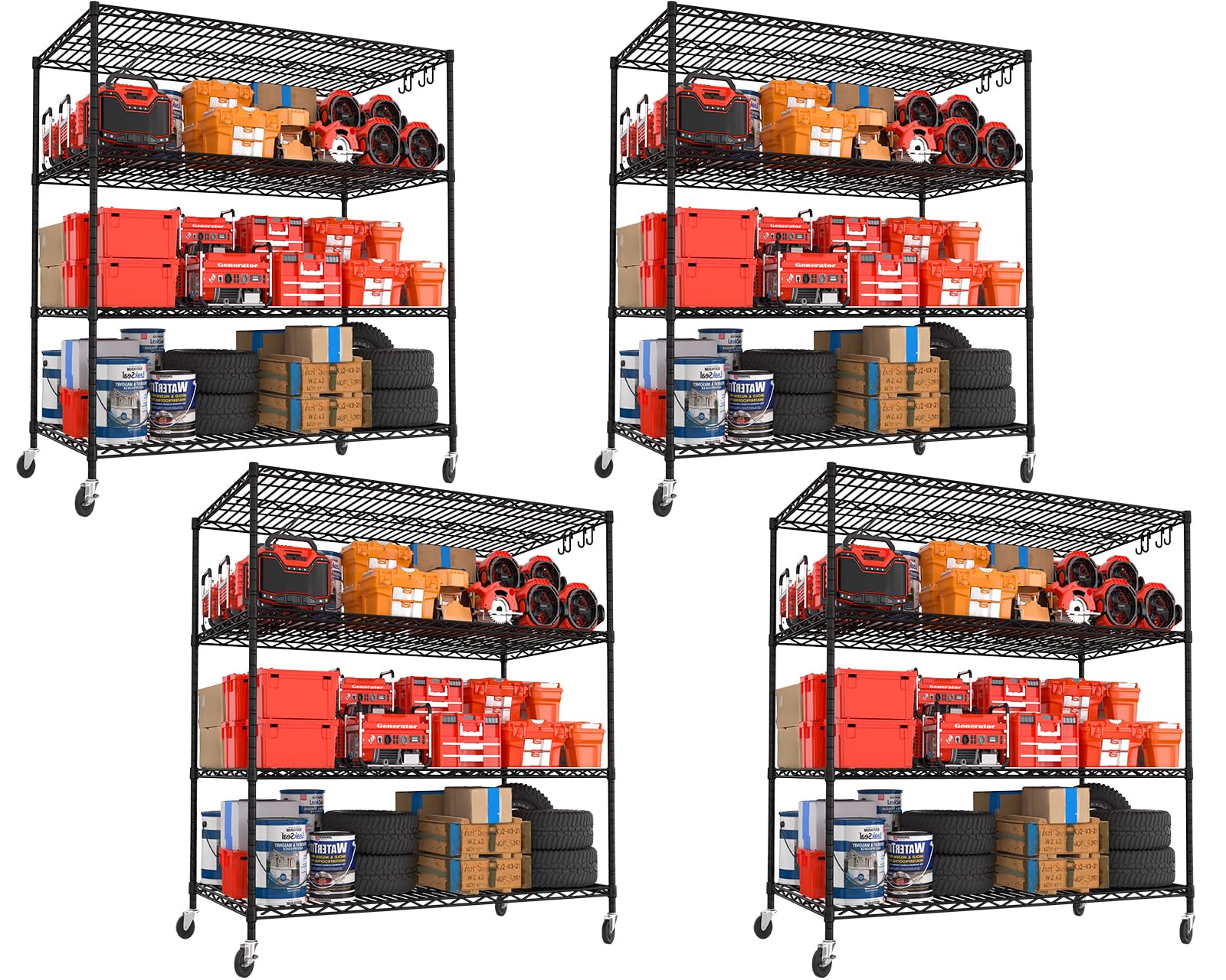 Primezone 4 Packs 55.5 ' W X 24 ' D X 80 ' H Heavy Duty Wire Storage Shelves With Wheels, 4 Tier Adjustable Garage Shelving U