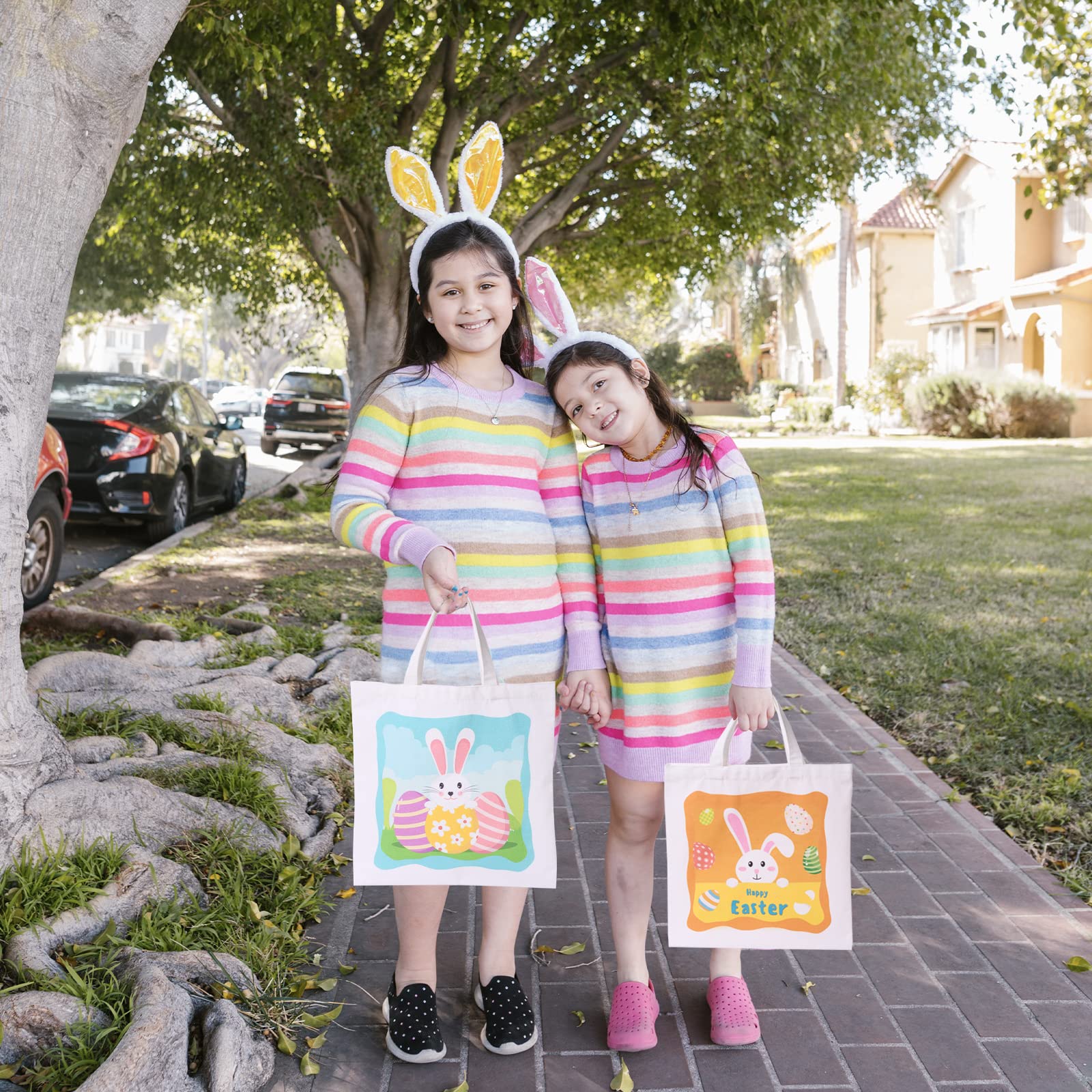 3 Pack Easter Gift Bags, Large Easter Bags With Handles, Canvas Easter Egg Bunny Treat Bags For Kids, Happy Easter Rabbit Bags,