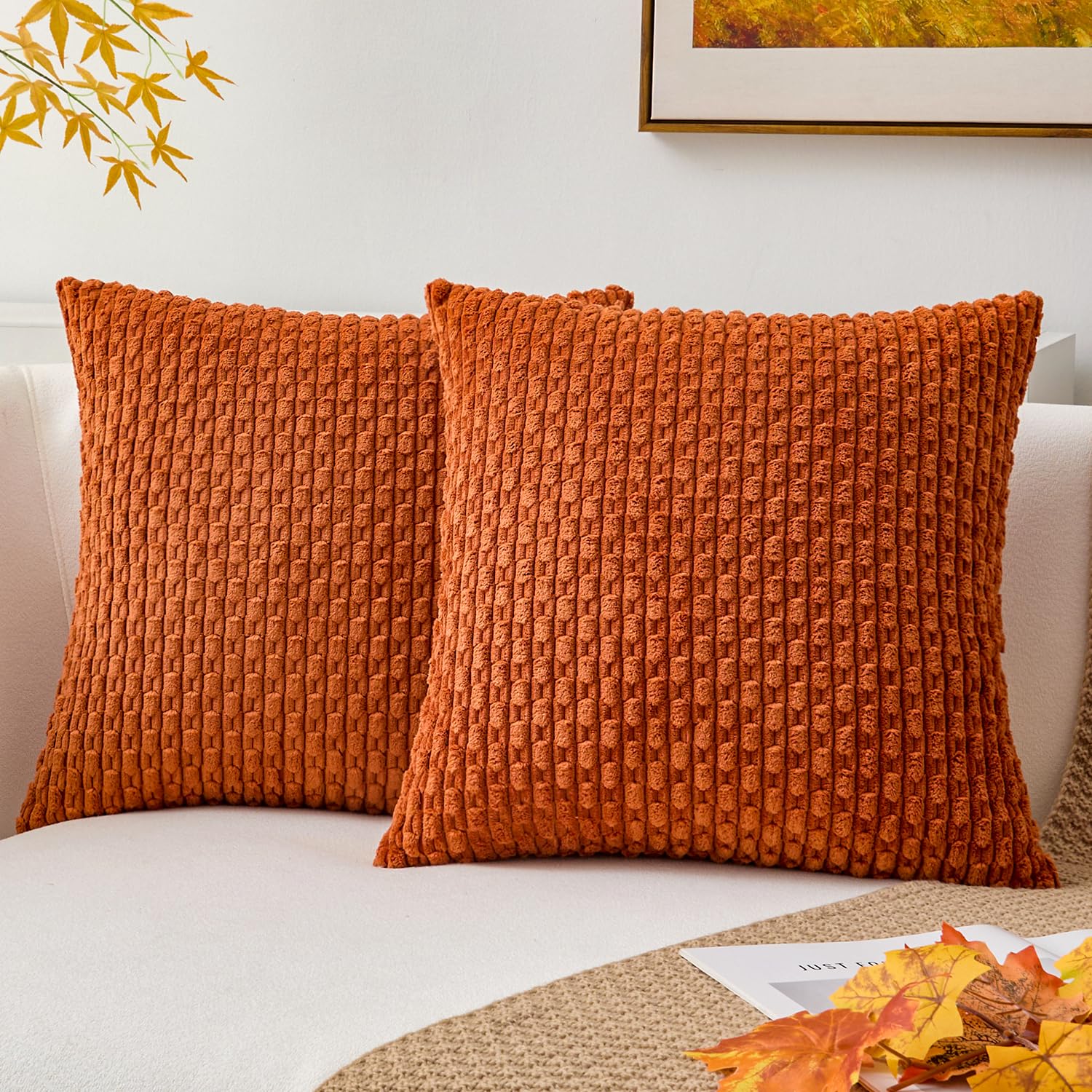 Kevin Textile Fall Corduroy Pillow Covers 26x26 Inch 2 Packs Soft Cozy Euro Pillows with Stripe Pattern Big Throw Pillowcases for Couch Sofa Bedroom Home Decor, Rust