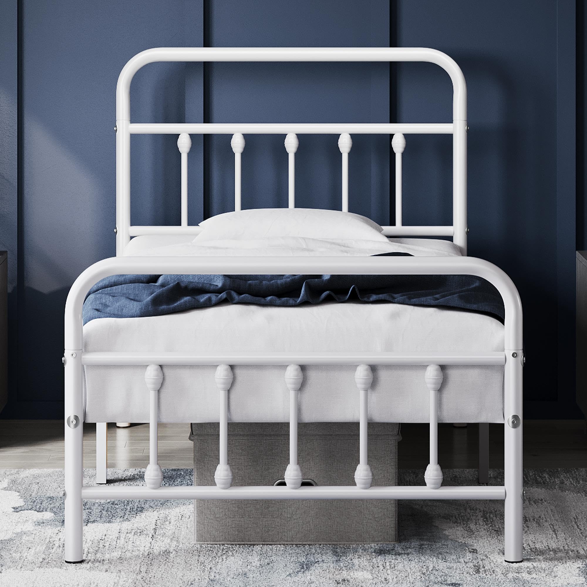 Yaheetech Classic Metal Platform Bed Frame Mattress Foundation With Victorian Style Iron-Art Headboard/Footboard/Under Bed Storage/No Box Spring Needed/Twin Size White