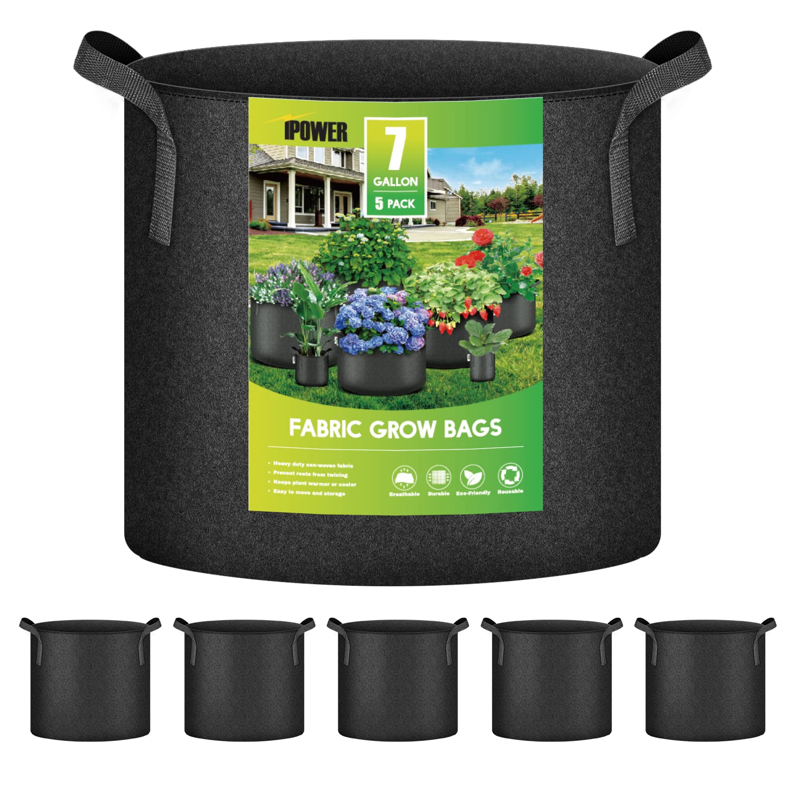Ipower 7 Gallon Grow Bags Nonwoven Fabric Pots Aeration Container With Strap Handles For Garden And Planting, 5-Pack Black, 7 Ga