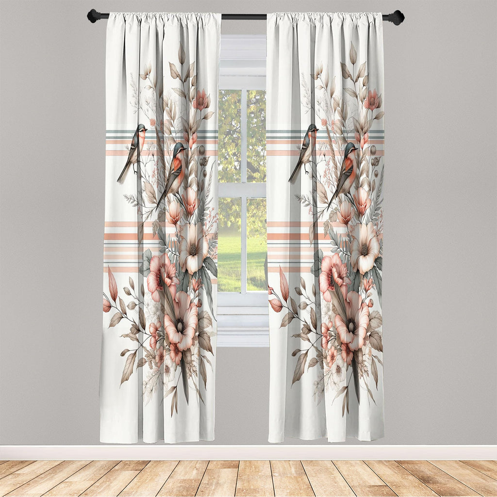 Ambesonne Birds And Nature Curtains, Autumnal Composition Of Muted Leafy Floral With Sparrowbird, Window Treatments 2 Panel Set