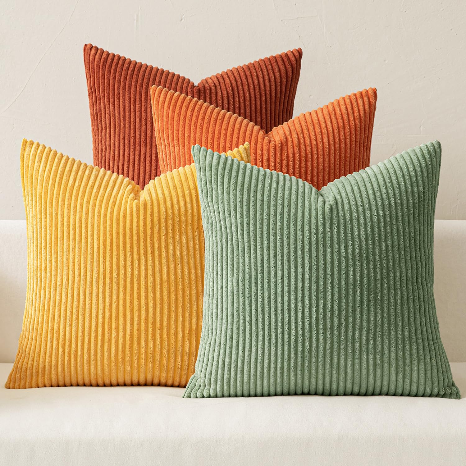 Miulee Pack Of 4 Rust-Sage Green Corduroy Decorative Throw Pillow Covers 18X18 Inch Soft Boho Striped Pillow Covers Modern Farmh