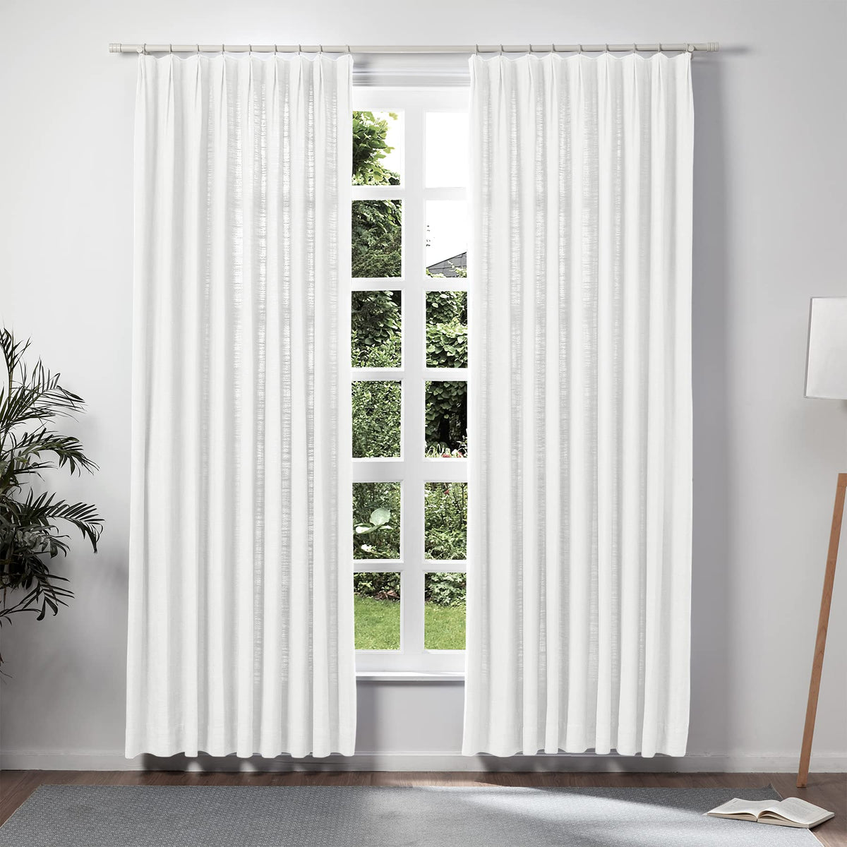 Twopages Snow White Linen Pinch Pleat Drape For Living Room, Window Treatment Curtain Panel Double Layer Room Darkening Light Fi