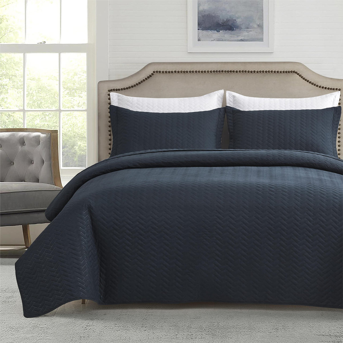 Maple&Stone Quilt Set King Size, Lightweight Navy Bedspread Ultrasonic Chevron Pattern Light Coverlet For All Season Comforter B