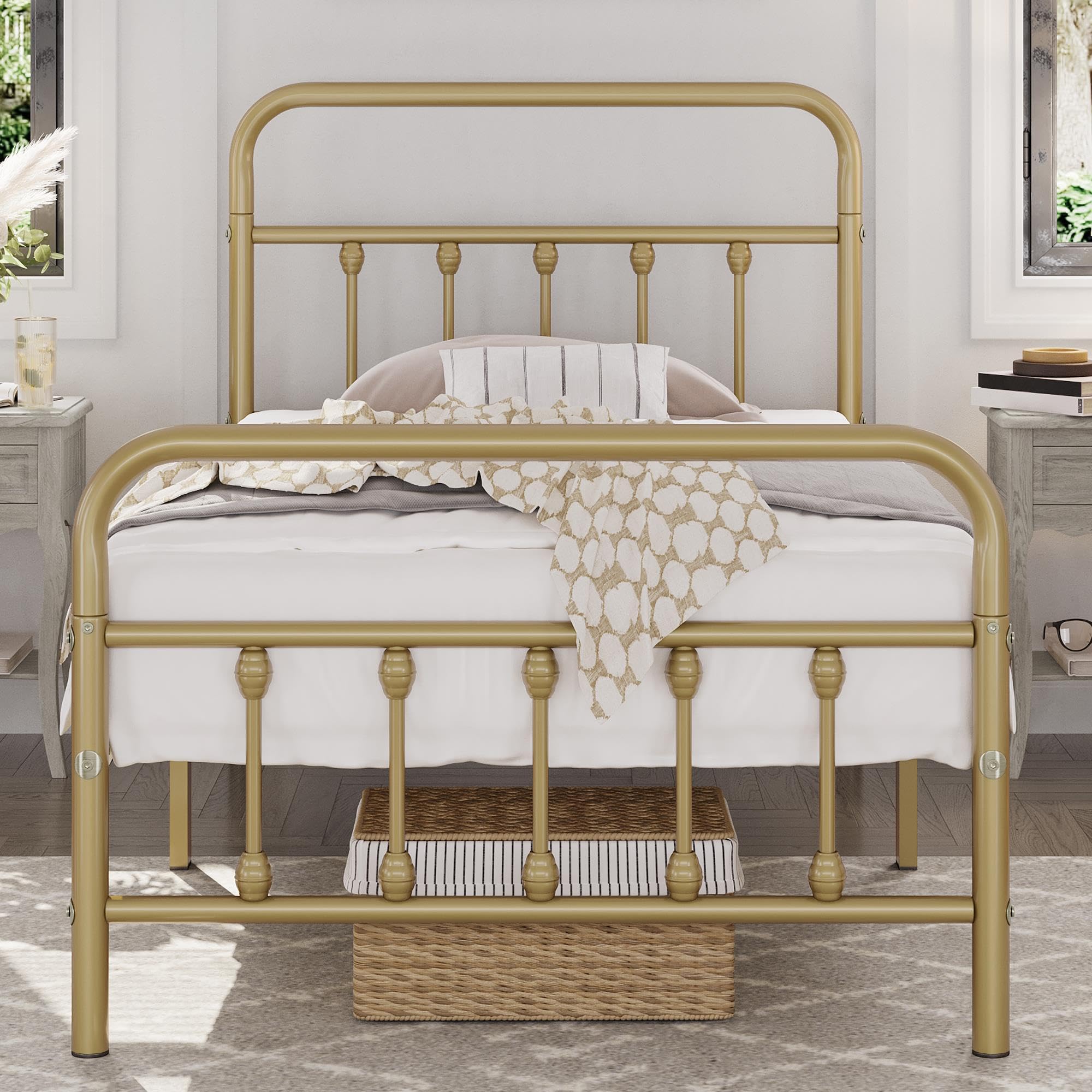 Yaheetech Classic Metal Platform Bed Frame Mattress Foundation With Victorian Style Iron-Art Headboard/Footboard/Under Bed Storage/No Box Spring Needed/Twin Size Antique Gold