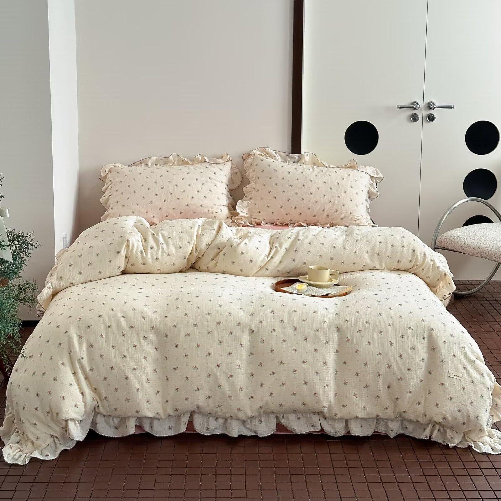 Bulutu Muslin Cotton Duvet Cover Full Elegant Ruffles Duvet Covers Soft Breathable Comforter Cover Kids Adults Bedding Floral Qu