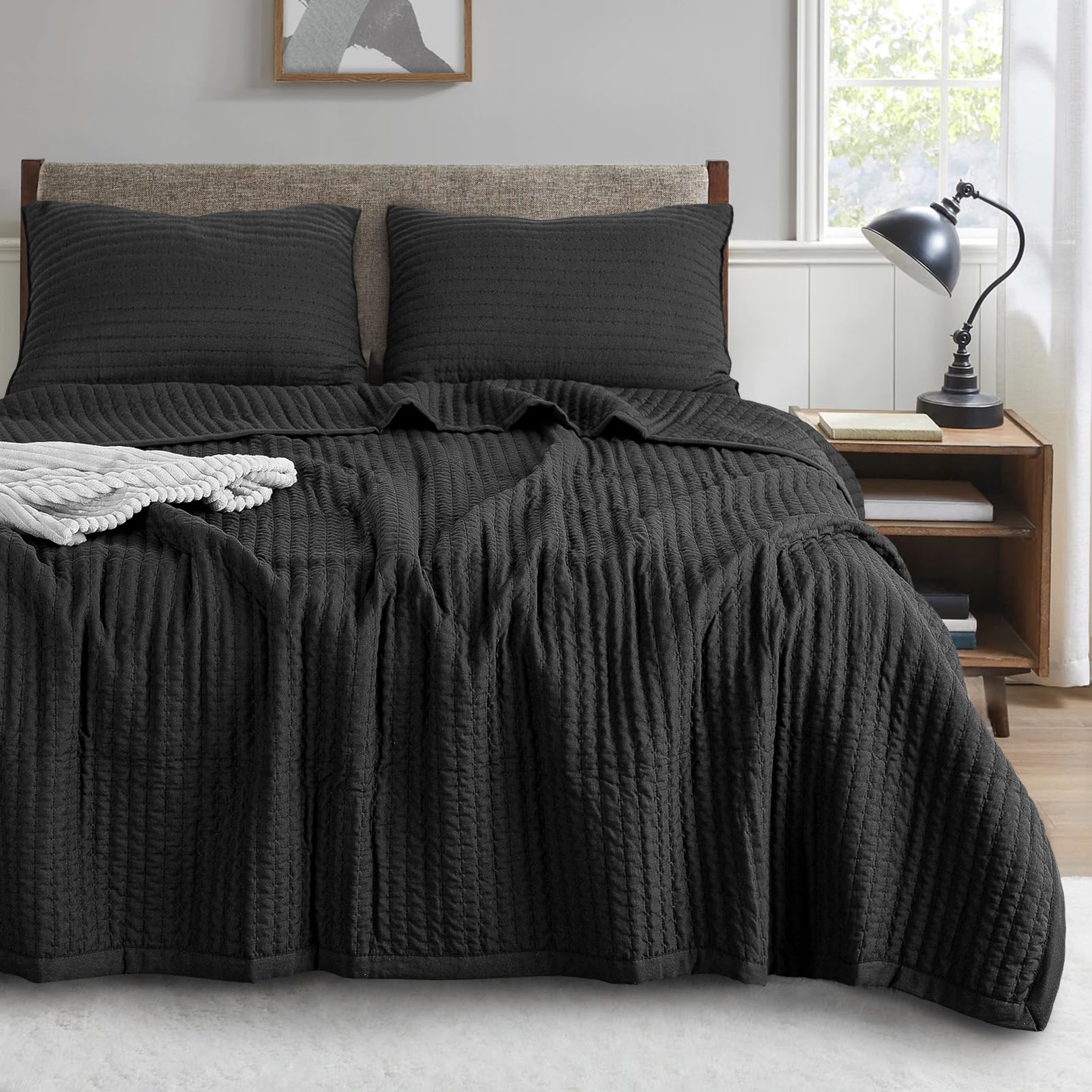 Kasentex Black Queen Size Quilt Bedding Sets With Pillow-Shams, Lightweight Soft Bedspread, Durable Quilted Blanket Thin Comfort