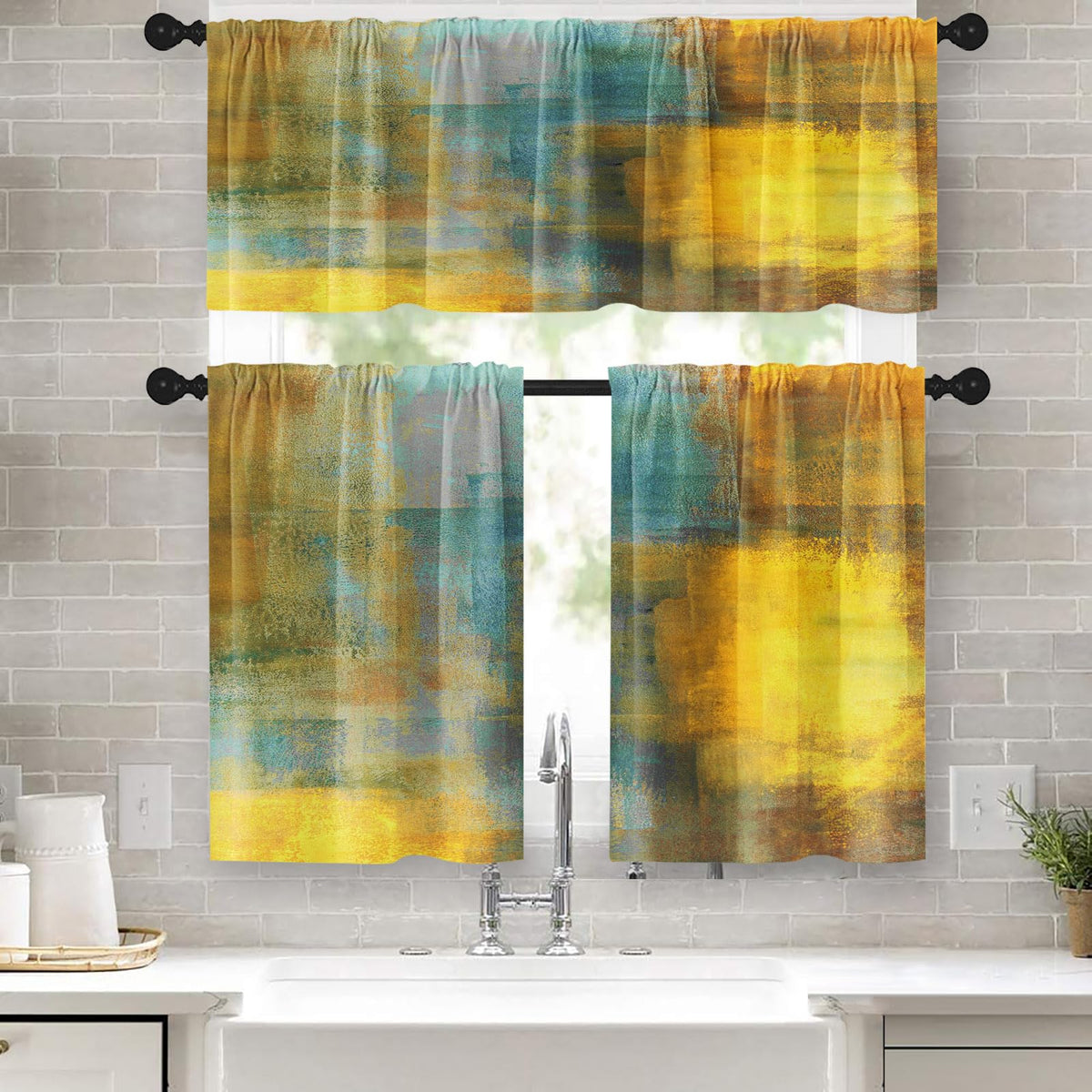 Tayney Teal Gray Yellow Painting Kitchen Curtains Contemporary Beige Window Curtains Valance And Tier Set 36 Inch, Abstract Rod