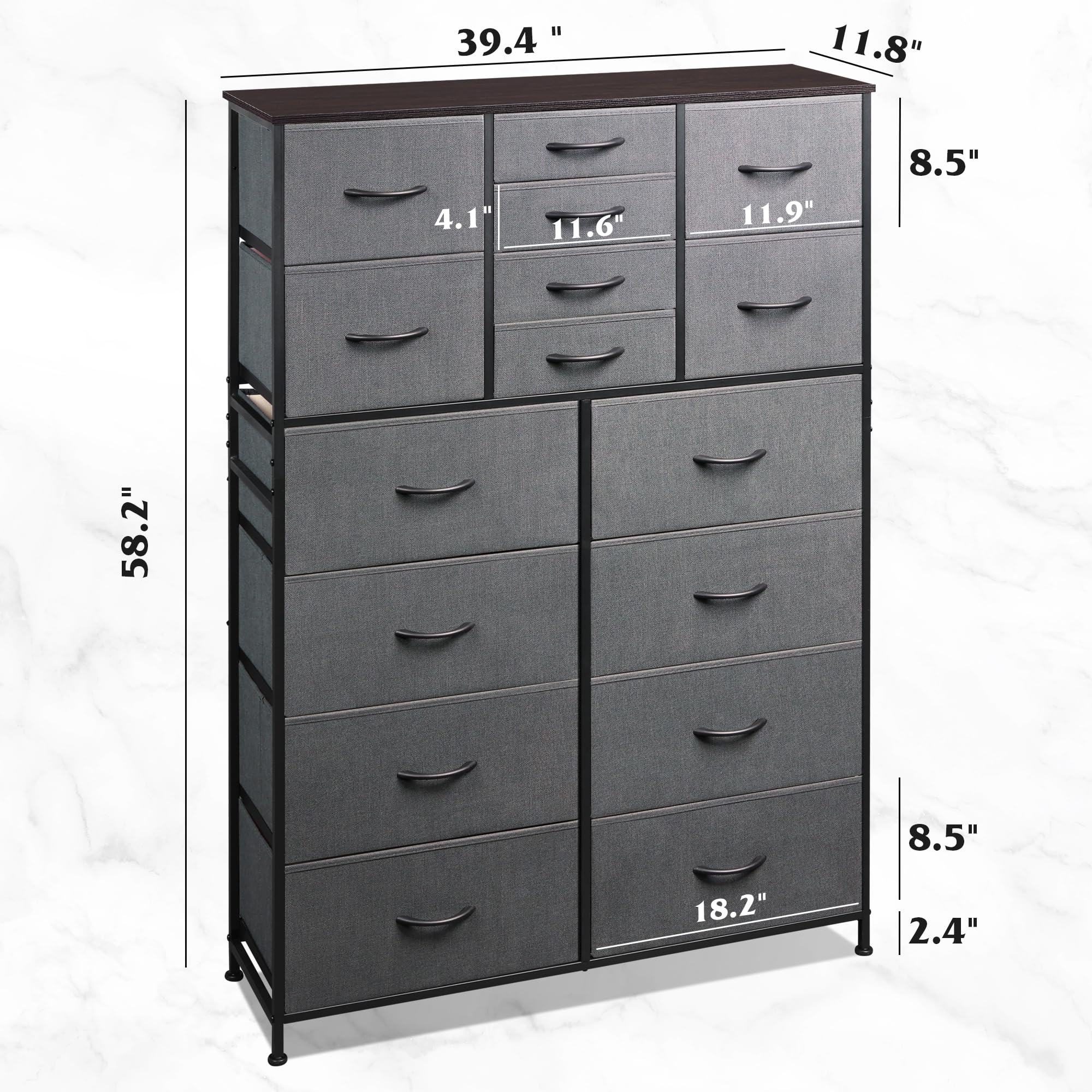 Wlive 16 Drawers Dresser, Tall Dresser For Bedroom, Closet, Hallway, Storage Dresser Organizer Unit, Large Dressers & Chests Of Drawers With Fabric Bins, Dark Grey