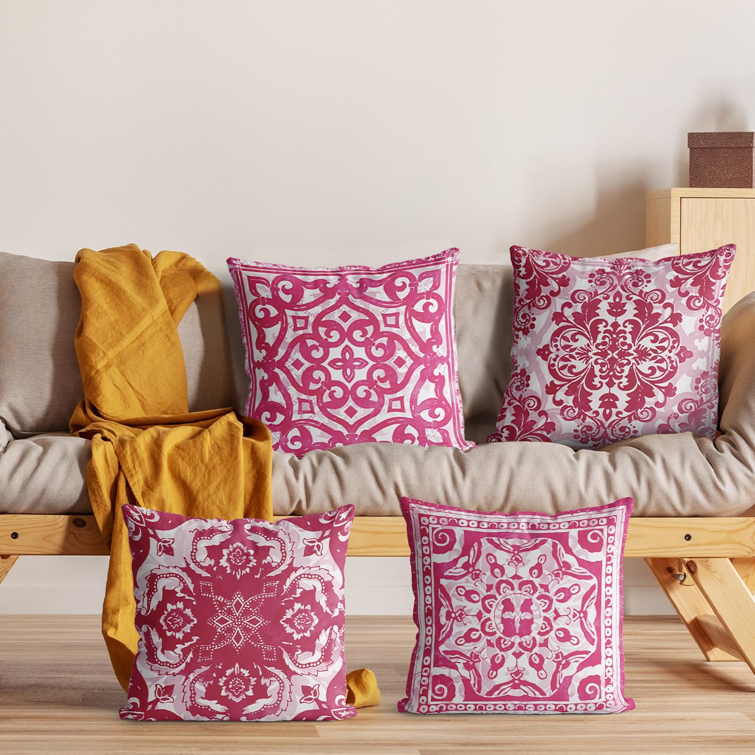 M-Qizi Red Throw Pillow Covers - Flannel Red Pillow Covers 18X18 Set Of 4, Decorative Red Pillow Covers, Chinoiserie Pillow Cove