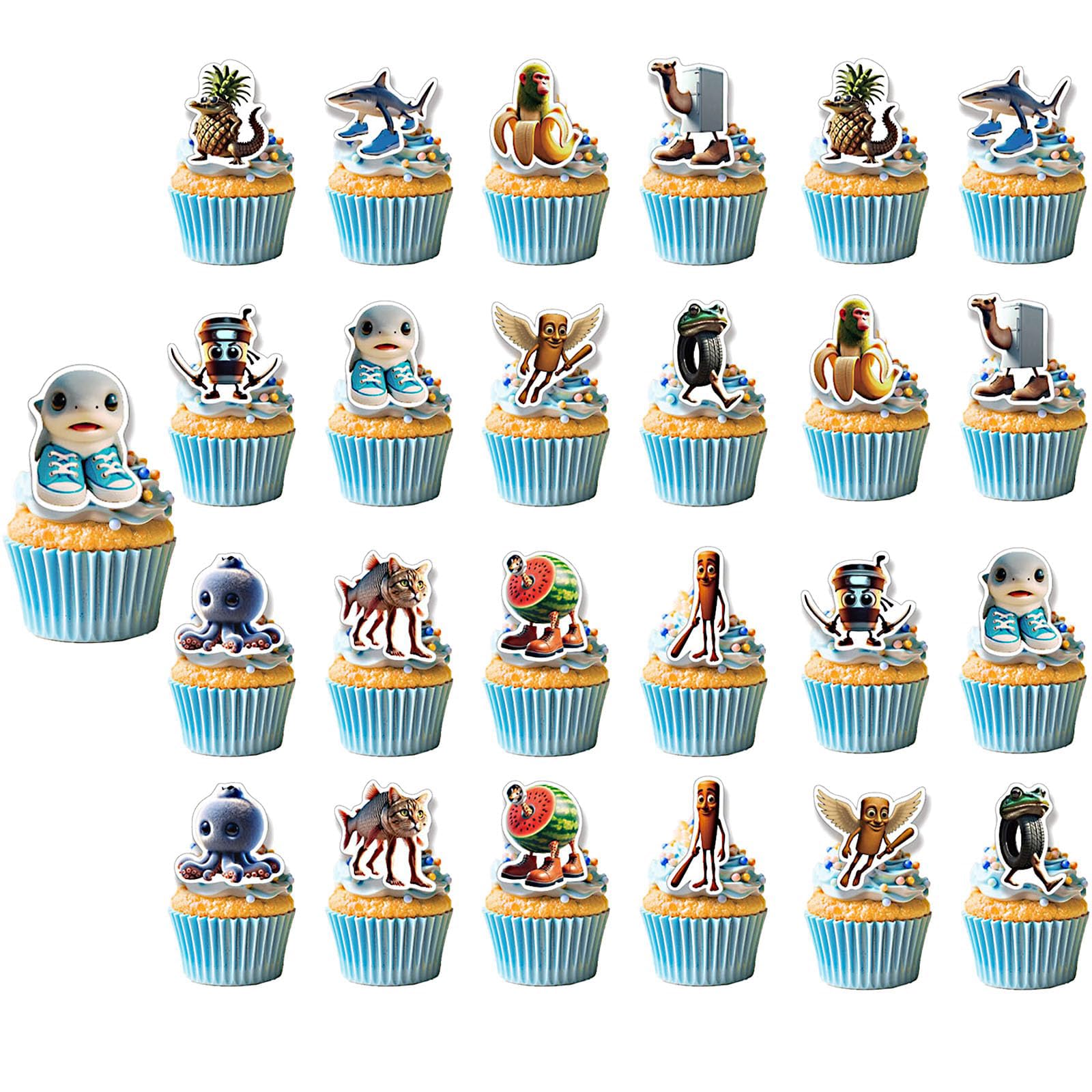Italian Brainrot Birthday Decorations, 24pcs Cute Cake Toppers for Brainrot Birthday, Suitable for Italian Brainrot Party & Tung