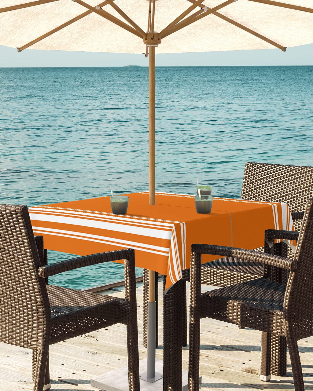 Fall Outdoor Tablecloth With Umbrella Hole, Farmhouse Orange White Stripe Square Tables Zippered Table Cloth Waterproof Tabletop