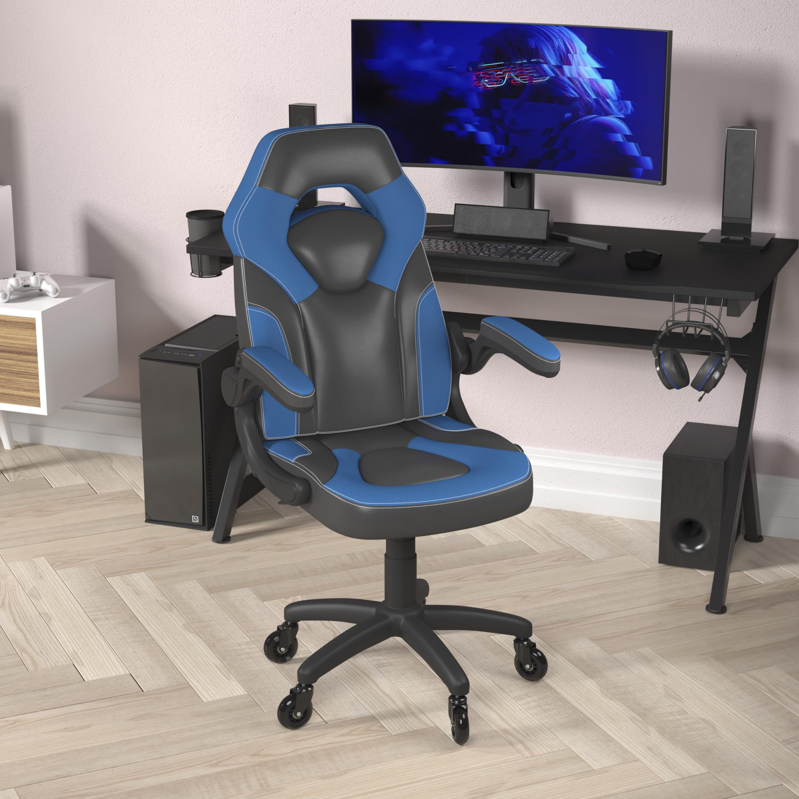 Flash Furniture X10 Gaming Chair Racing Office Computer Pc Adjustable Chair With Flip-Up Arms And Transparent Roller Wheels, Blue/Black Leathersoft