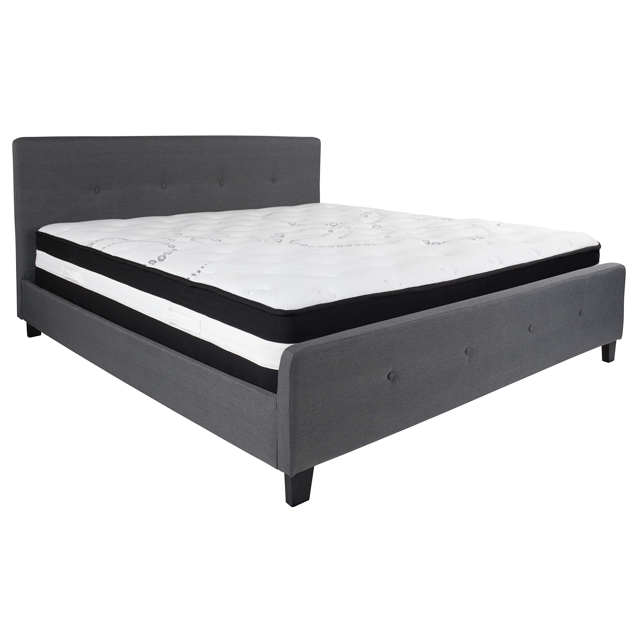 Flash Furniture Tribeca King Size Tufted Upholstered Platform Bed in Dark Gray Fabric with Pocket Spring Mattress