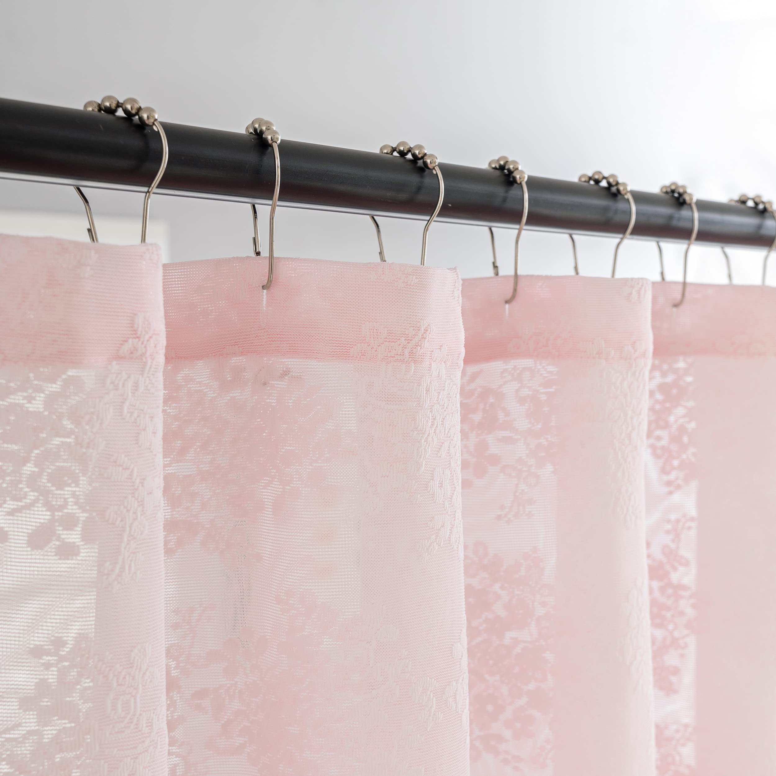 Tudeco Pink Shower Curtain - Shabby Chic Lace Shower Curtain With Attach Valance For Bathroom, Cute Sheer Vintage Coquette Flora
