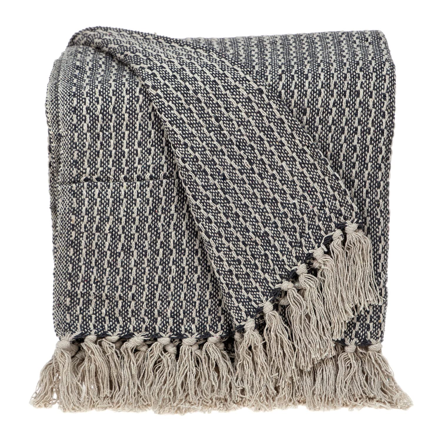 HomeRoots Gray Cotton Beige and Black Transitional Woven Handloom Throw Blanket