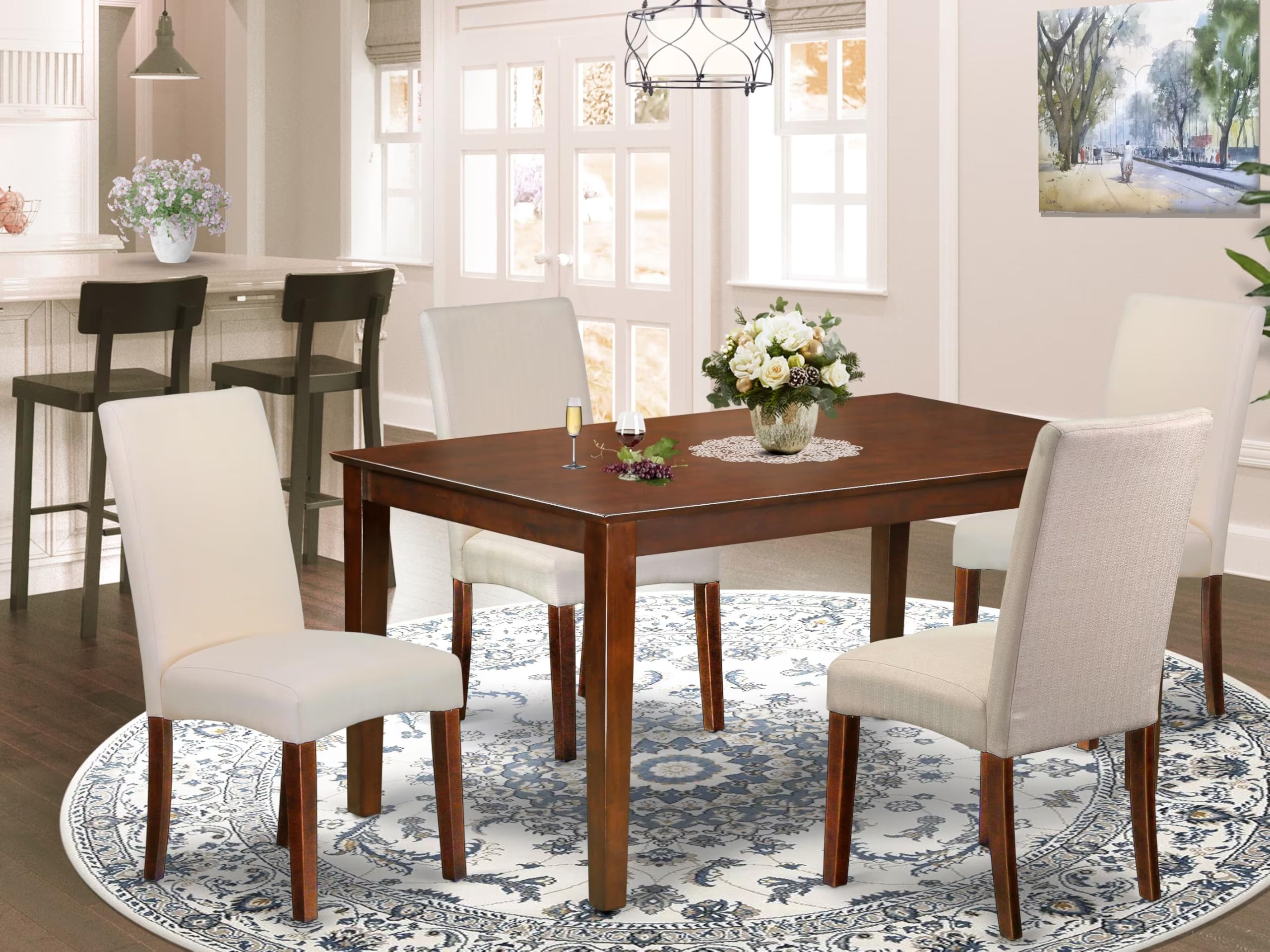 East West Furniture Cadr5-Mah-01 5 Piece Modern Dining Table Set Includes A Rectangle Wooden Table And 4 Cream Linen Fabric Upholstered Chairs, 36X60 Inch, Mahogany