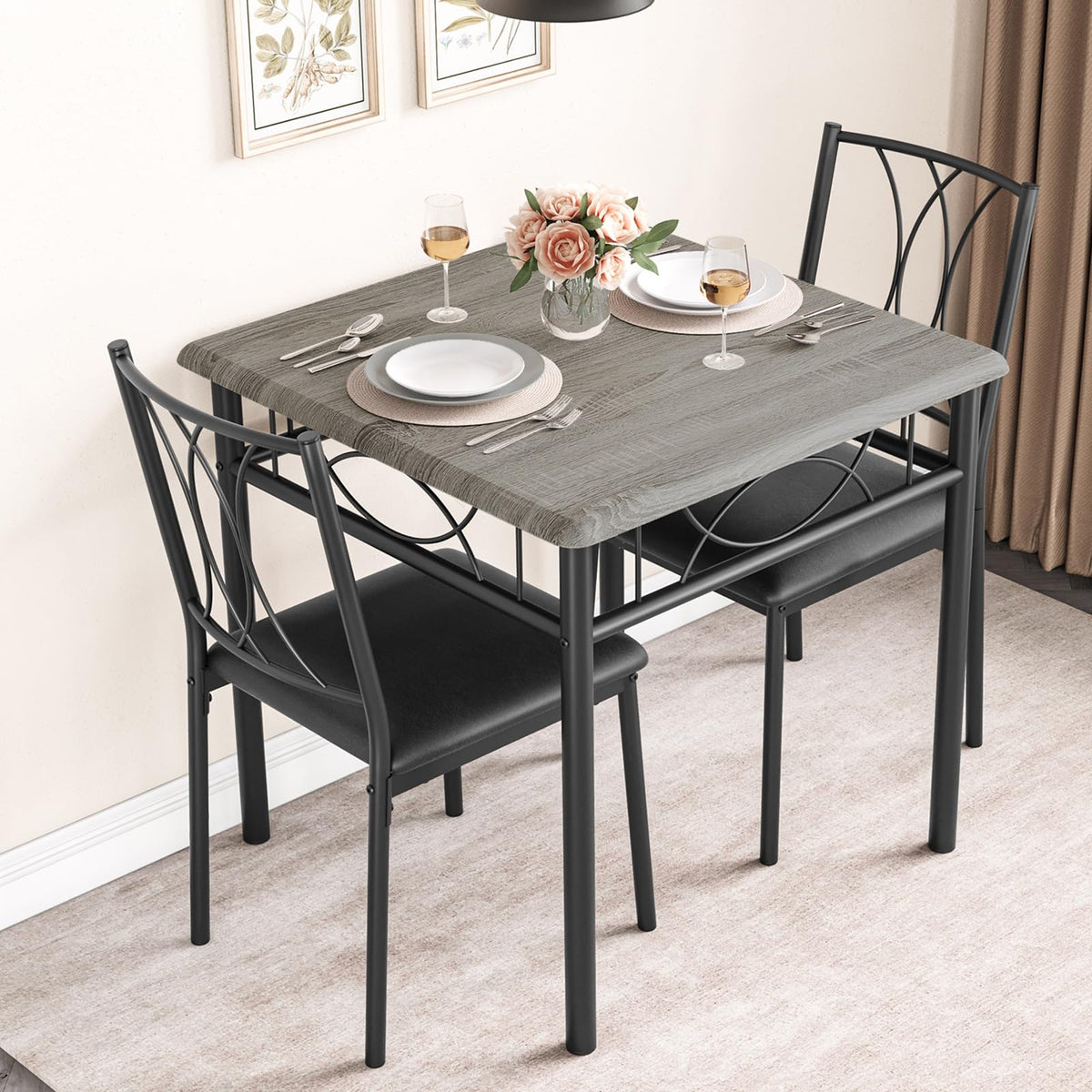 Idealhouse Dining Table Set For 2, Square Dinner Table Sets With 2 Upholstered Chairs, Small Kitchen Table And Chairs For 2, Cor