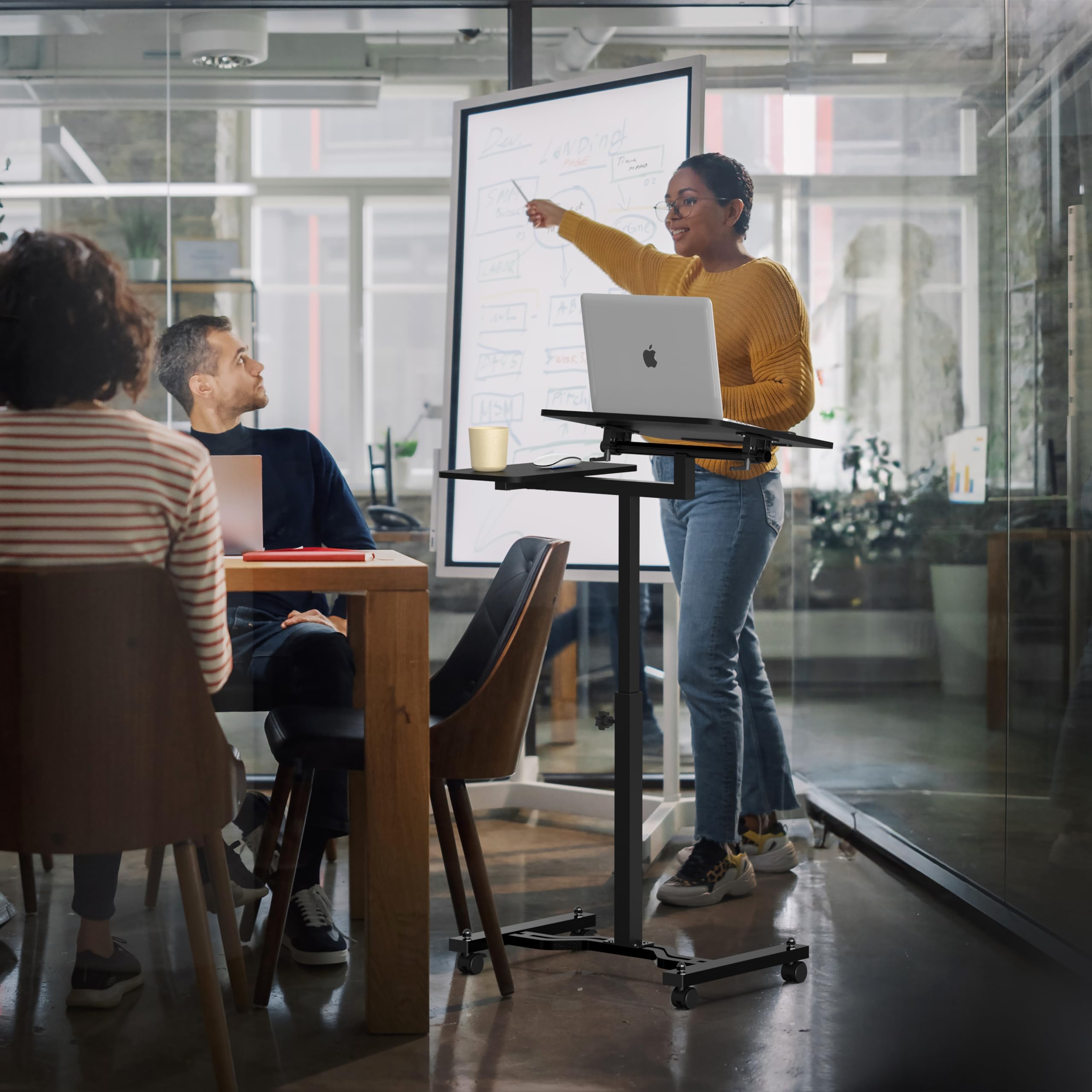 Shw Tim Rolling Adjustable Laptop Cart With Tilting Desktop And Side Shelf, Black