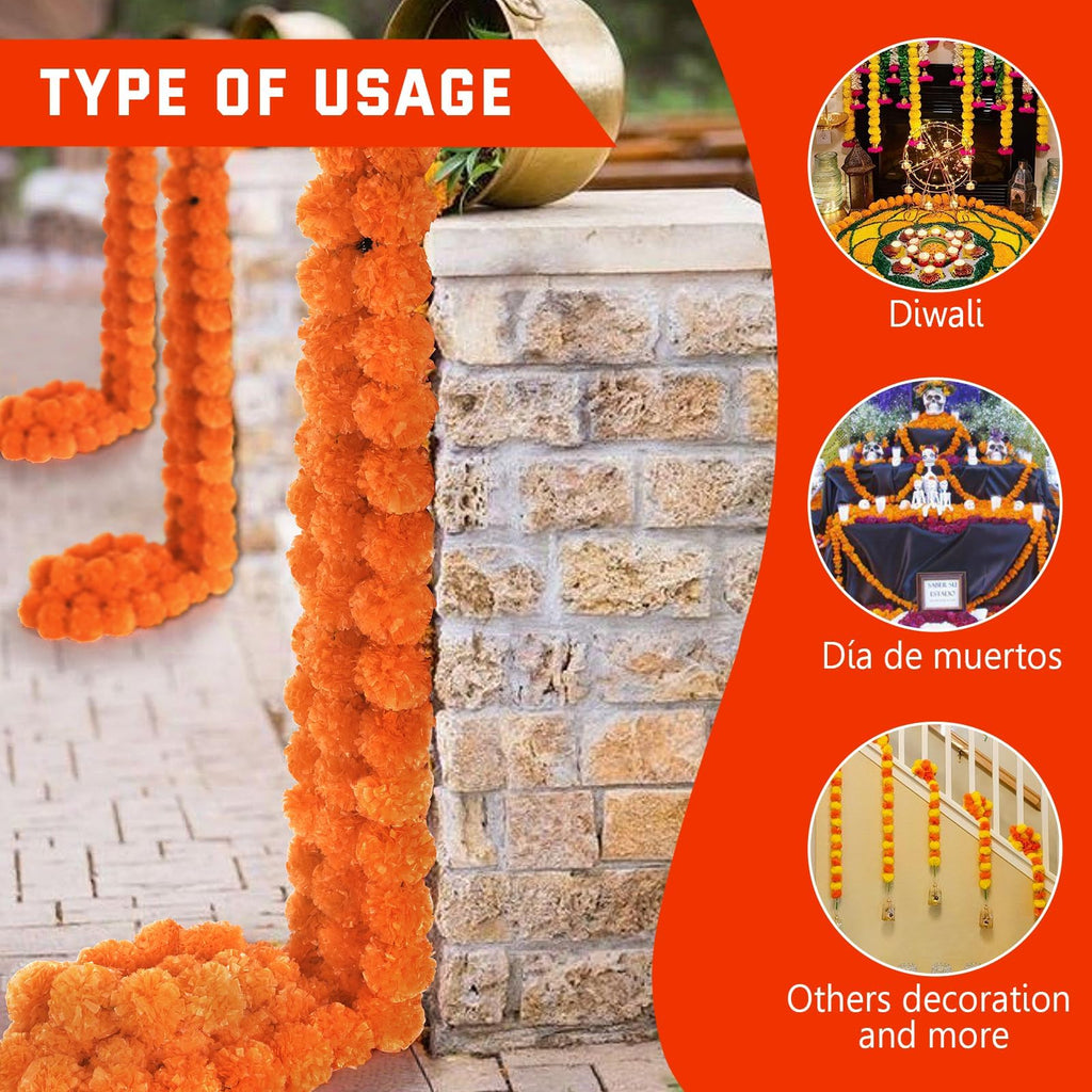 5Pcs Marigold Garland For Decoration, 5 Feet Artificial Marigold Flowers Diwali Decorations For Home, Orange Artificial Marigold