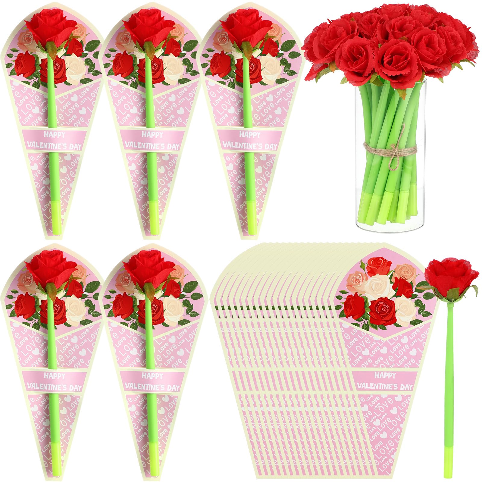 Sayglossy 24 Set Valentine'S Day Flower Pens With Gift Cards Artificial Flower Ballpoint Pens Red Rose Pens Black Ink Ballpoint
