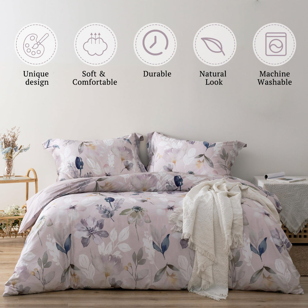 Mildly 100% Long-Staple Cotton Duvet Cover Set Light Gray Pink Floral Leaf Pattern Printed Comforter Cover 3Pcs, Ultra Soft & Br