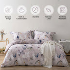 Mildly 100% Long-Staple Cotton Duvet Cover Set Light Gray Pink Floral Leaf Pattern Printed Comforter Cover 3Pcs, Ultra Soft & Br