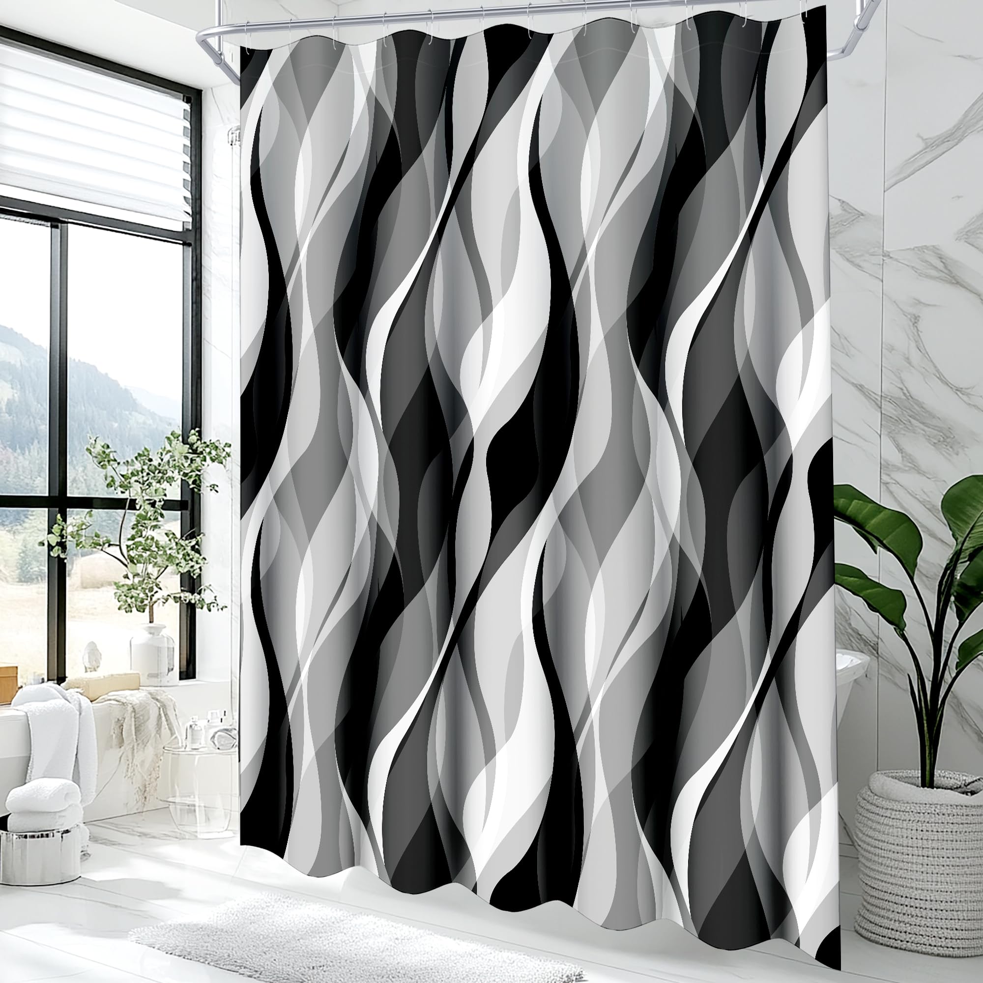 Black and Grey Shower Curtain for Bathroom Black and White Shower Curtain Fabric Modern Abstract Striped Minimalist Bath Curtain