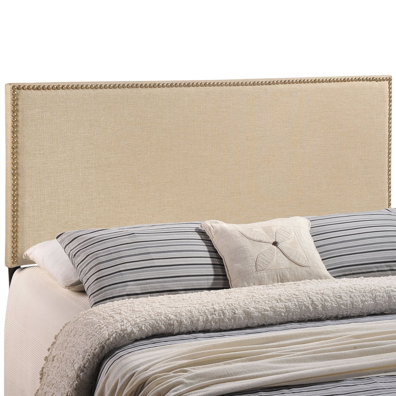 Modway Region Linen Fabric Upholstered Queen Headboard in Cafe with Nailhead Trim