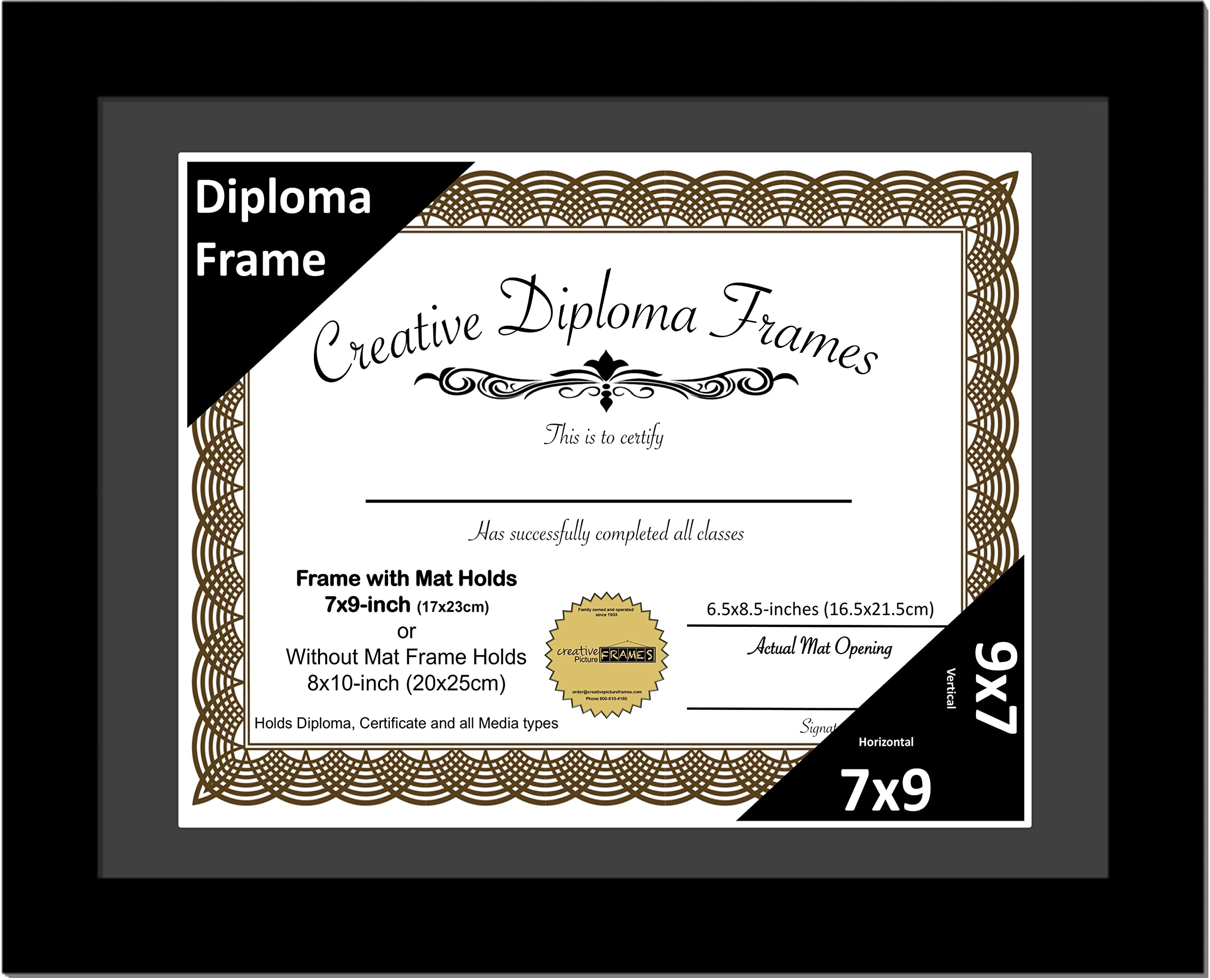 Creative Picture Frames 7x9 Classic Black Diploma Frame with Black Mat Glass Easel and Installed Wall Hangers | Frame Holds 8x10