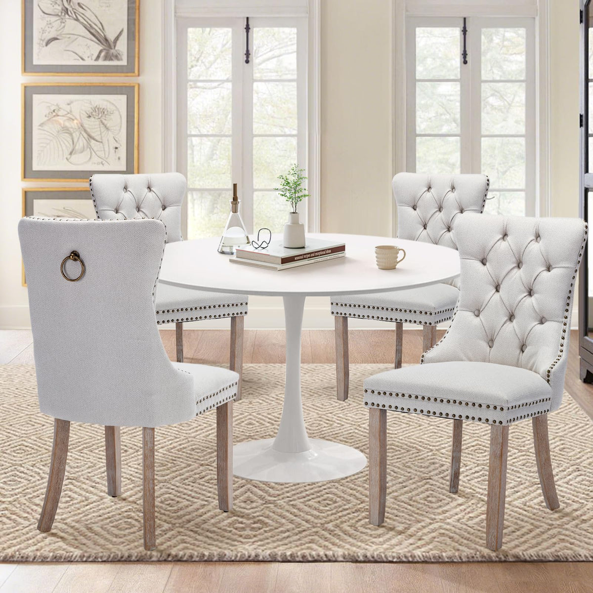 Soartalent 5-Piece 42' Round Dining Table Set For 4, White Table & 4 Beige Linen Upholstered Dining Chairs, Modern Style, Kitch