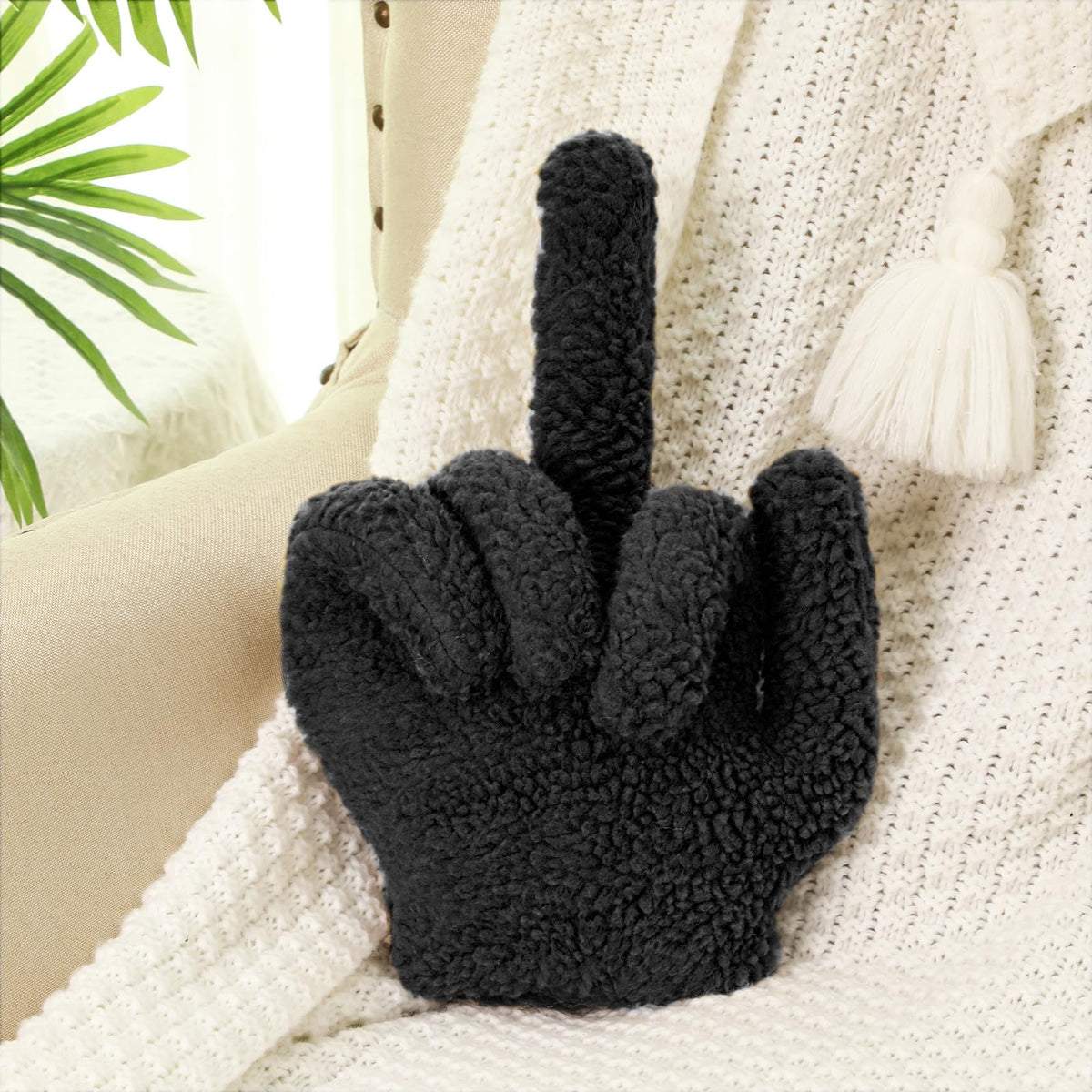 Menkxi Small Middle Finger Decorative Pillow 13.78 X 9.84 In Funny Shaped Sherpa Fleece Throw Pillow Warm Soft Plush Emoticon Cu