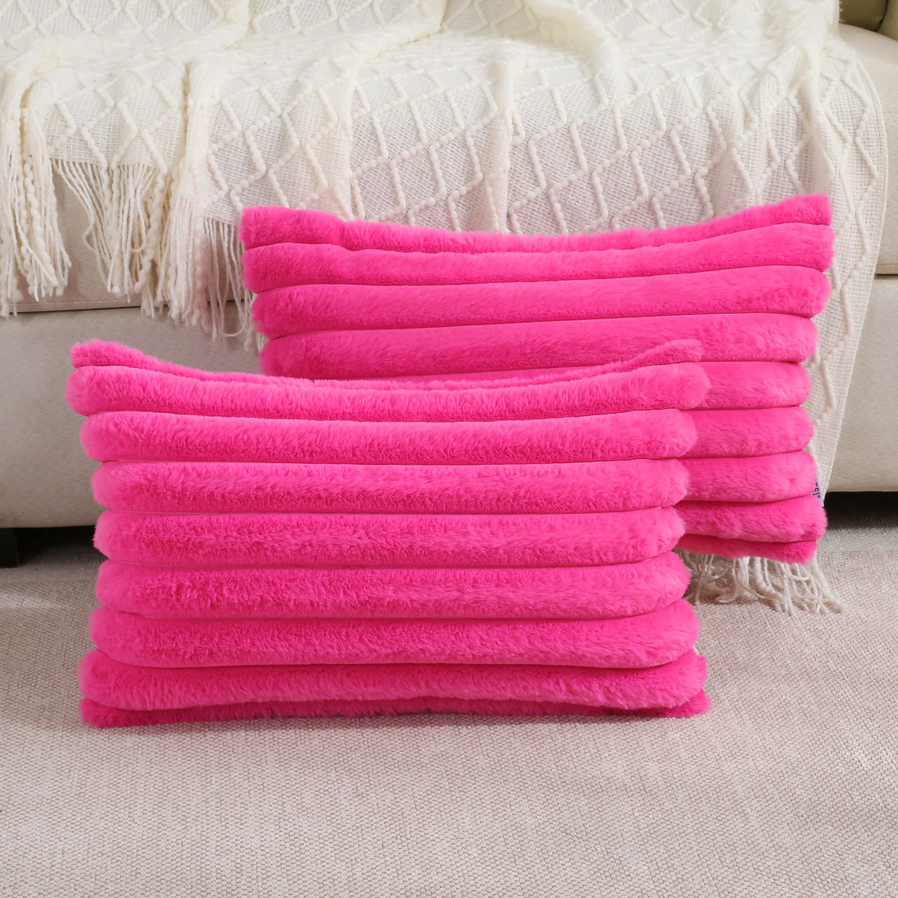 Futei Hot Pink Striped Decorative Throw Pillow Covers 12X20 Inch Set Of 2,Rectangle Spring Decorations Couch Lumbar Pillowcase,S