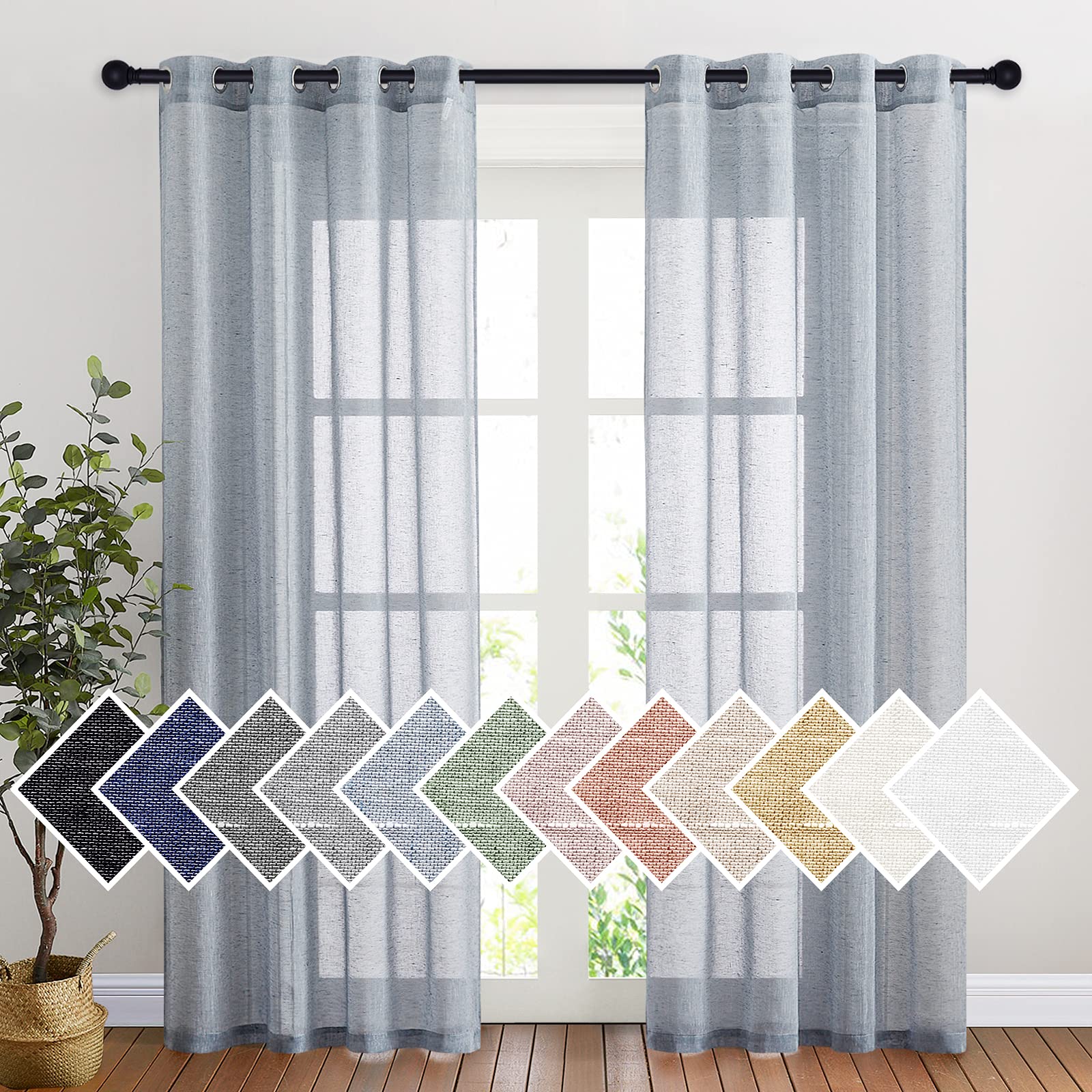 Nicetown Linen Textured Semi Sheer Curtains 84 Inches Length, Eyelet Top Bedroom Window Privacy Translucent Light Filtering Flax