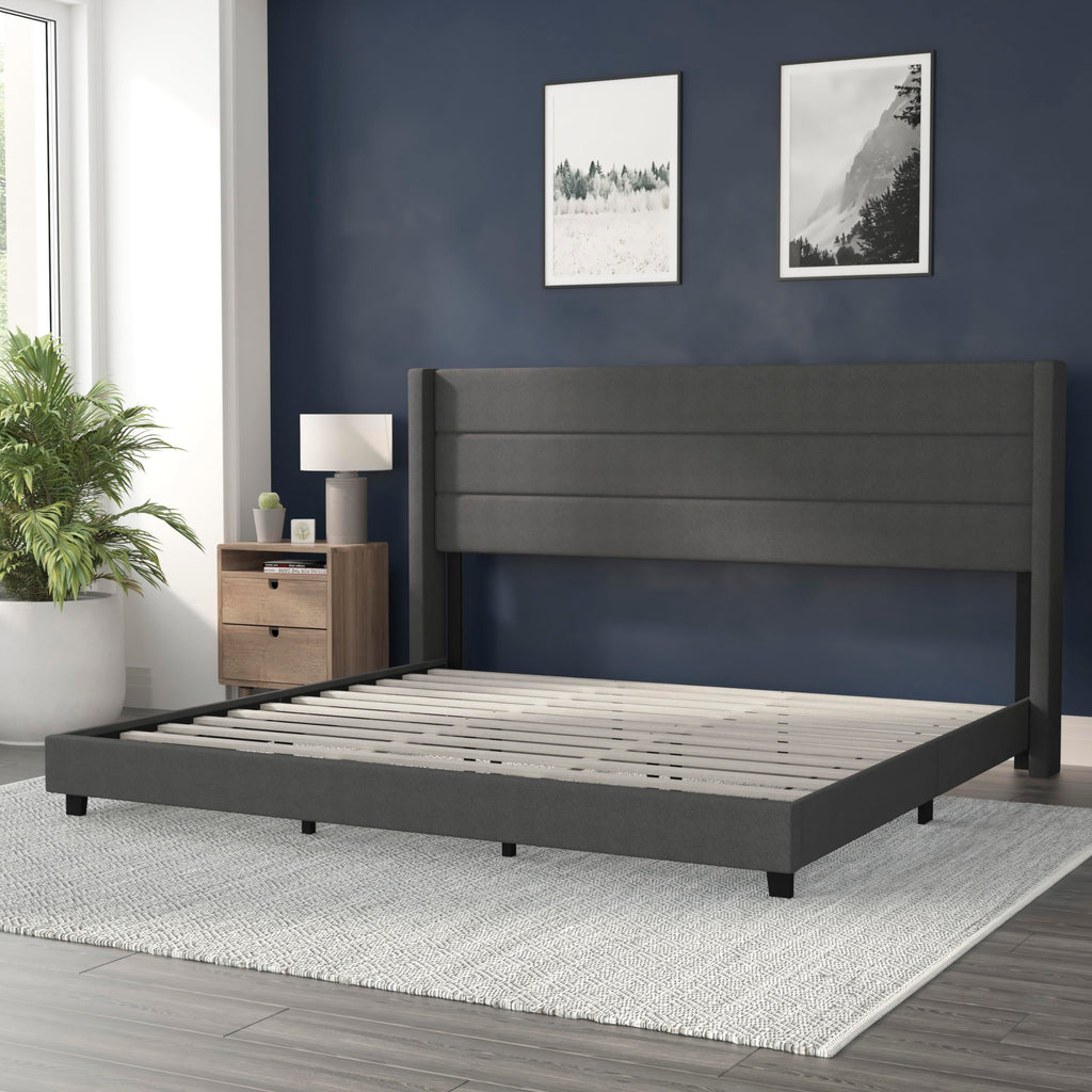 Flash Furniture Hollis Upholstered Platform Bed - Charcoal Faux Linen Wingback Headboard - King - Mattress Foundation With Slatted Supports - No Box Spring Needed