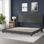 Flash Furniture Hollis Upholstered Platform Bed - Charcoal Faux Linen Wingback Headboard - King - Mattress Foundation With Slatted Supports - No Box Spring Needed