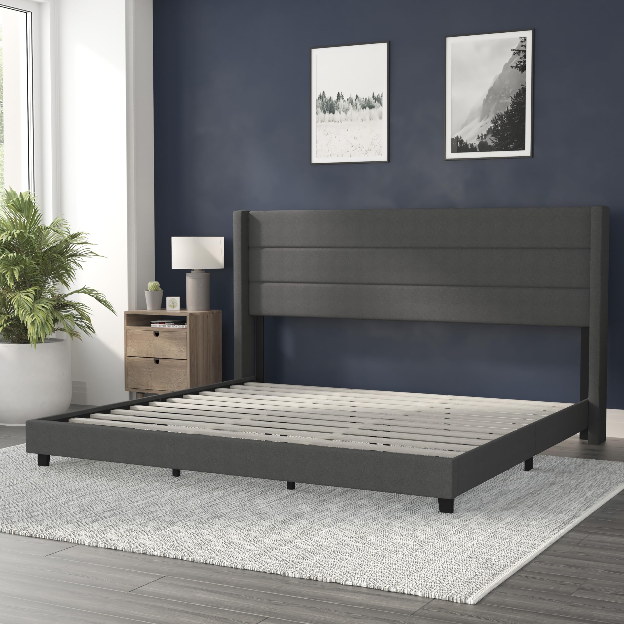 Flash Furniture Hollis Upholstered Platform Bed - Charcoal Faux Linen Wingback Headboard - King - Mattress Foundation With Slatted Supports - No Box Spring Needed