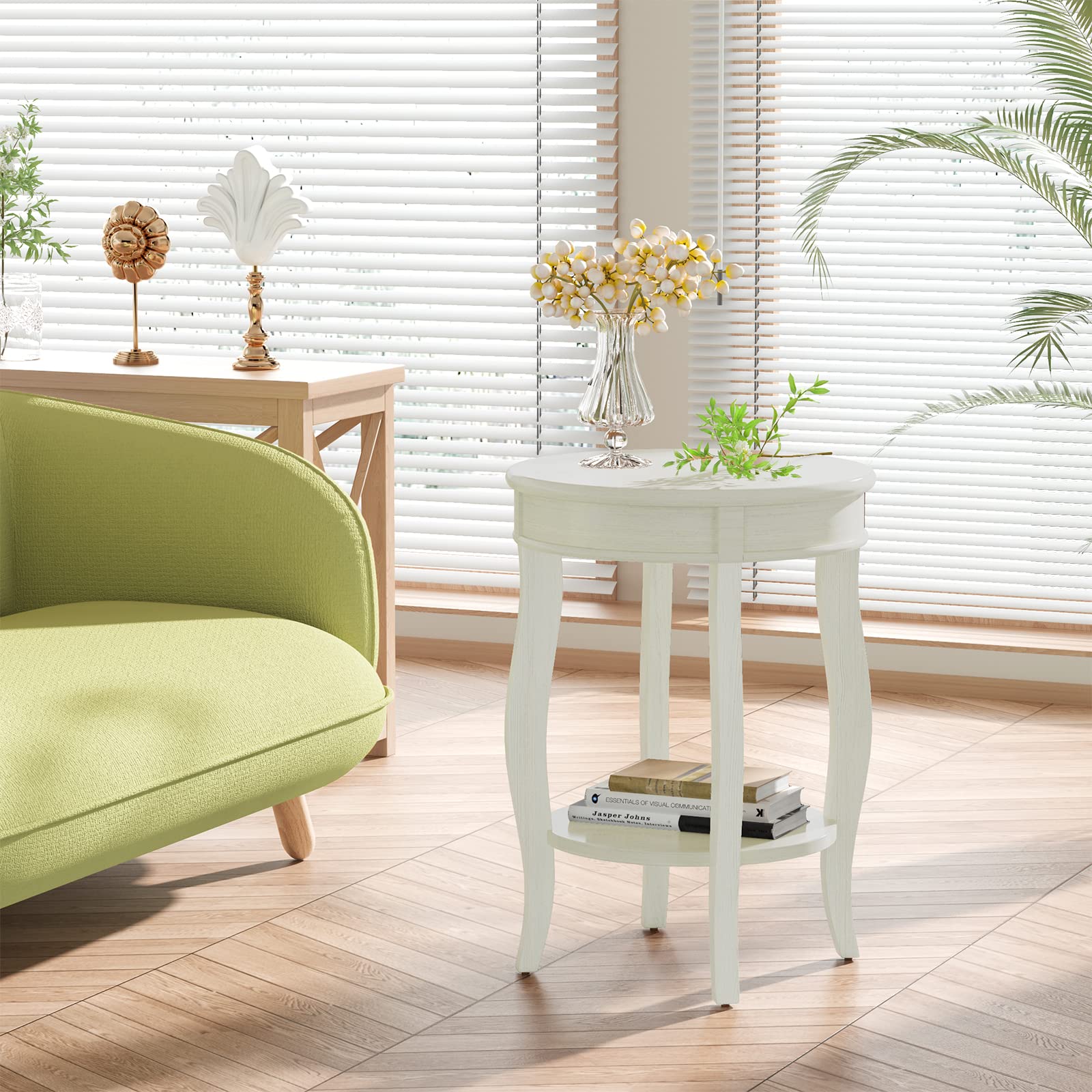 Acme Aberta Round Wooden End Table With Bottom Shelf In Antique White