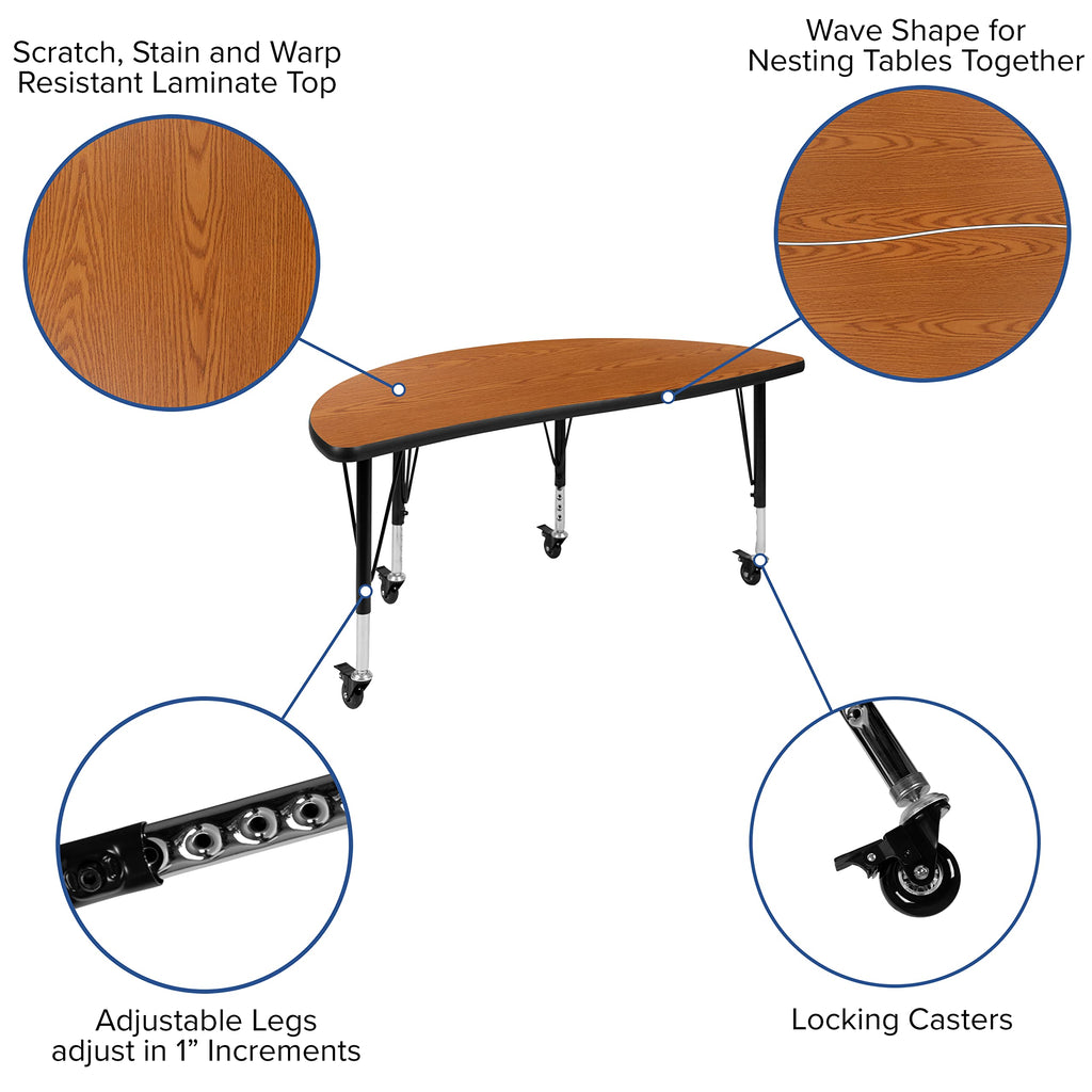 Flash Furniture Mobile 47.5" Circle Wave Collaborative Laminate Activity Table Set With 14" Student Stack Chairs, Oak/Black