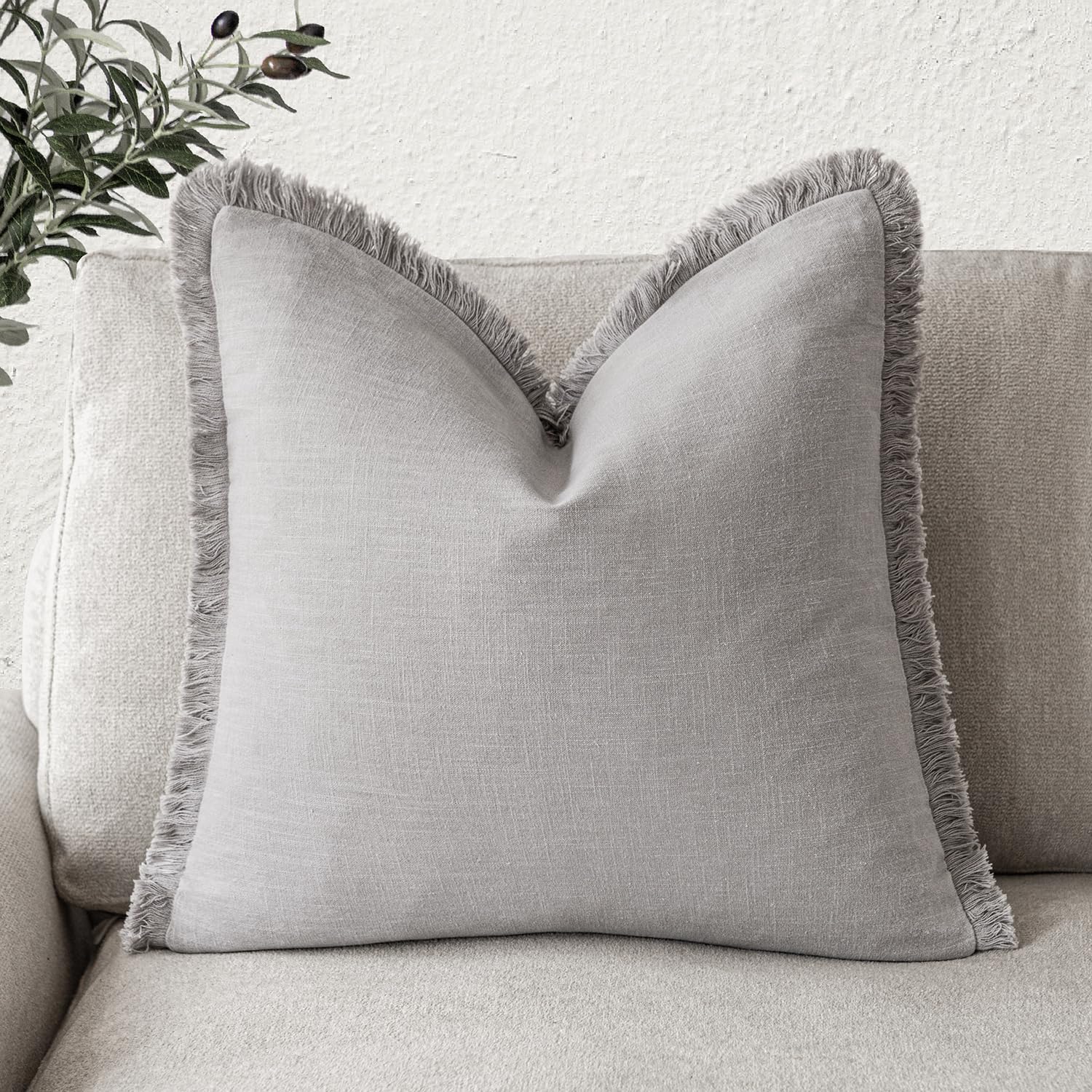 Foindtower Decorative Linen Fringe Throw Pillow Covers Cozy Boho Farmhouse Cushion Cover With Tassels Accent Pillowcase For Chai