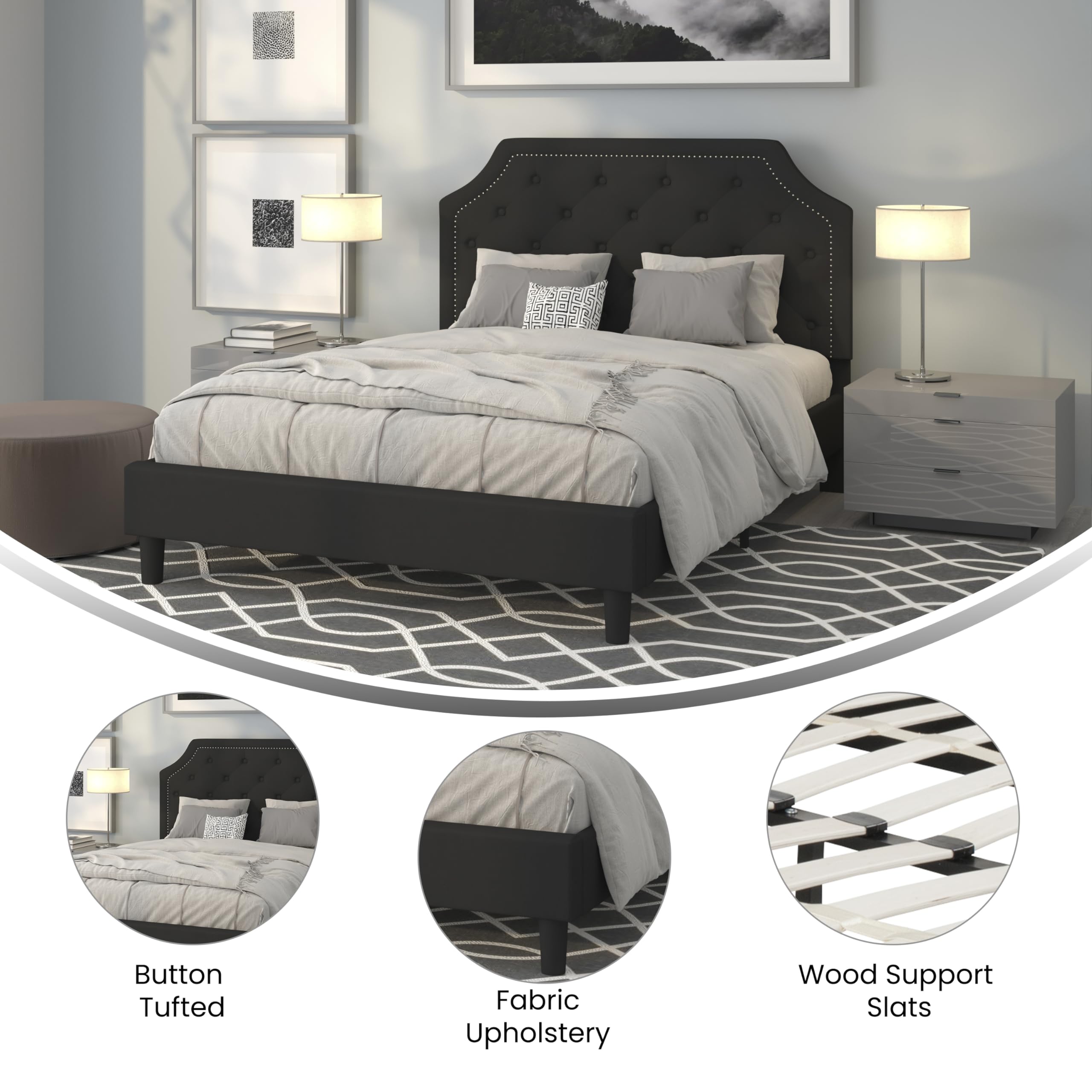 Flash Furniture Brighton Queen Size Tufted Upholstered Platform Bed In Black Fabric
