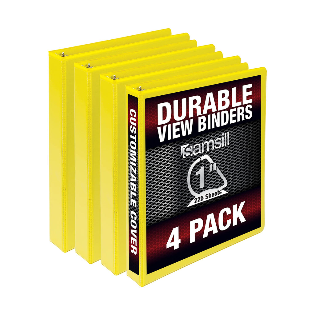 Samsill Durable 1 Inch Binder, Made In The Usa, D Ring Binder, Customizable Clear View Cover, Yellow, 4 Pack, Each Holds 225 Pag