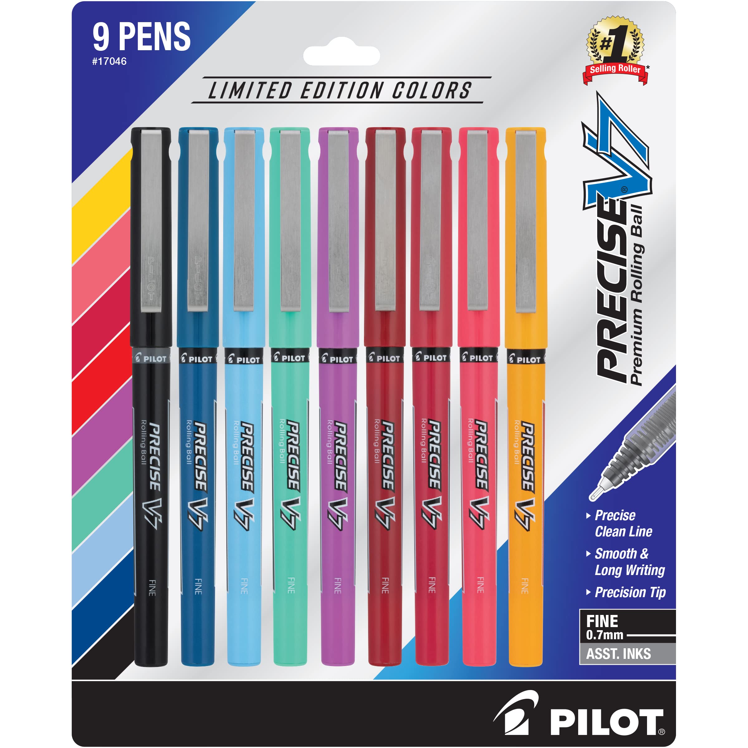 Pilot, Precise V7, Capped Liquid Ink Rolling Ball Pens, Fine Point 0.7 Mm, Limited Edition Assorted Colors, Pack Of 9