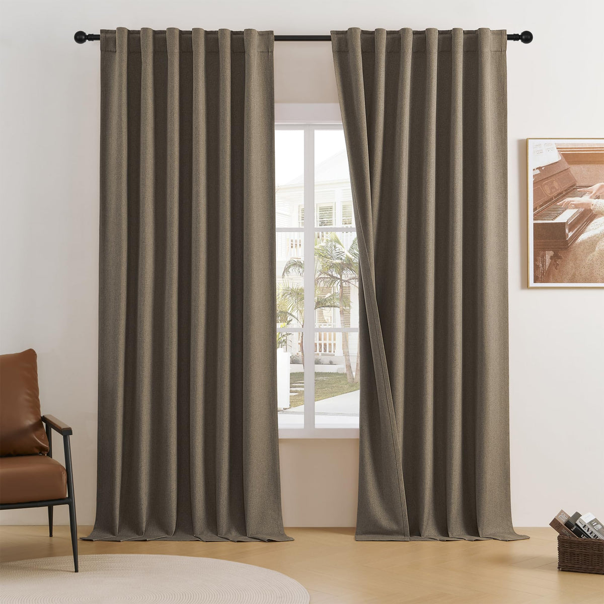 Dualife Chocolate Brown Flax Linen Extra Long Curtains 132 Inches Long 11 Ft For High Ceiling Living Room Pleated Back Tab Rod P