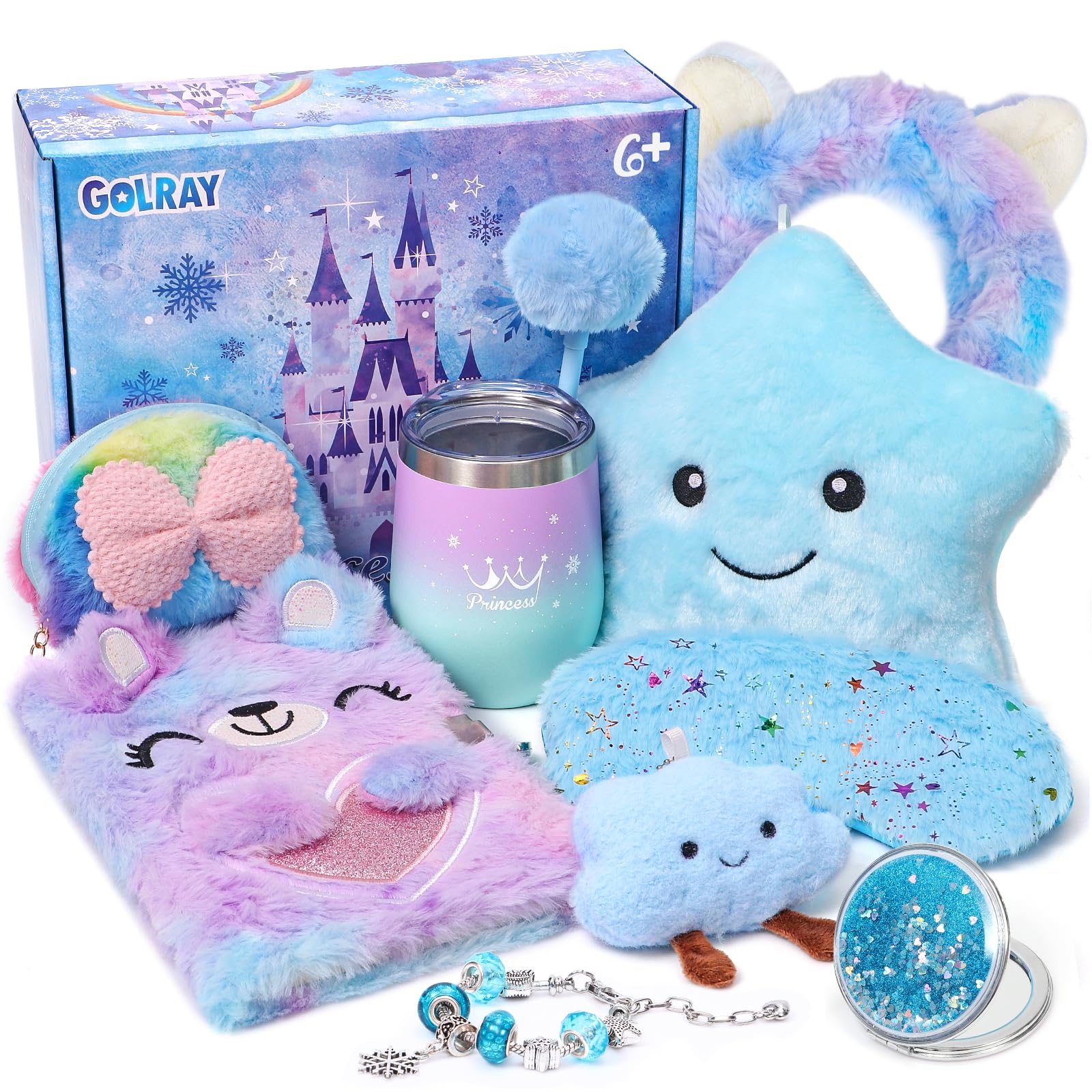 Golray Frozen Toys For Girls Kids Elsa Gift 6 7 8 9 10 Years Old, Light Up Pillow Stationery Plush Lock Diary Water Cup Fluffy A